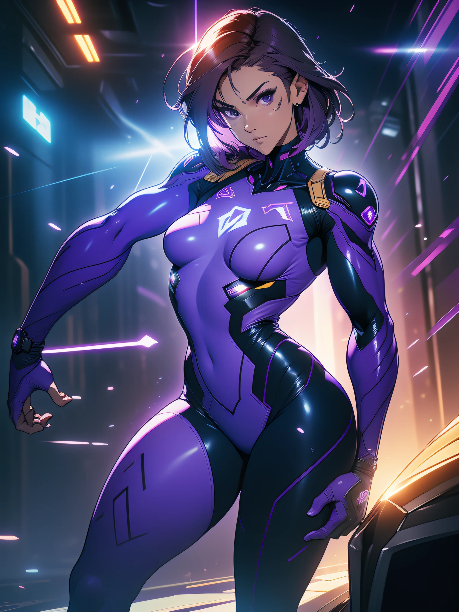 Txt2Img 14:55:06 ((Best quality)), ((masterpiece)), (detailed: 1.4), (Absurd), paper, colorful line art, perfect face, Hot Latina woman fighter pilot ready for war, dark skin, lightning and lightning, muscular sculptural body defined, Wolverine mask, (((full body))), half-thick naked thighs, closed mouth, muscular body covered in purple tech clothing, Neon Genesis Evangelion style, cyberpunk, generous neckline,  ((perfect small breasts)), ((totally purple clothing with golden rays)), (((short dark purple straight hair)))), long and black eyelashes heavy makeup, garter belt, niji --V5, close to real, psychopath, crazy face, sexy pose, red and white background, 2 pieces clothing, centered, scale to fit dimensions, HDR (High Dynamic Range),Ray Tracing,NVIDIA RTX,Super-Resolution,Unreal 5, Subsurface Dispersion, PBR Texture, Post-processing, Anisotropic Filtering, Depth of Field, Maximum Clarity and Sharpness, Multilayer Textures, Albedo and Specular Maps, Surface Shading, Accurate Simulation of Light-Material Interaction, Perfect Proportions, Octane Render, Two-Tone Lighting, Wide Aperture, Low ISO, White Balance, Rule of Thirds, 8K RAW, Crysisnanosuit
