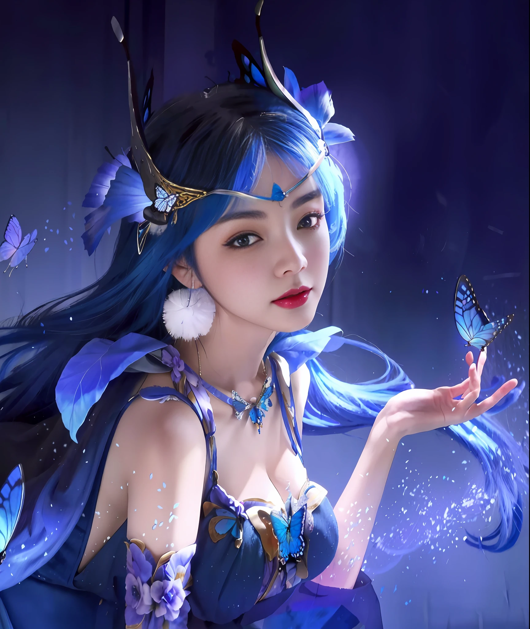 Mature woman with blue hair and a butterfly crown,! Plump, dream art germ, extremely detailed art germ, art germ detail, style art germ, art germ liu, ari, art germ style, art germ on art station pixiv, style in art germ, art germ. illustration