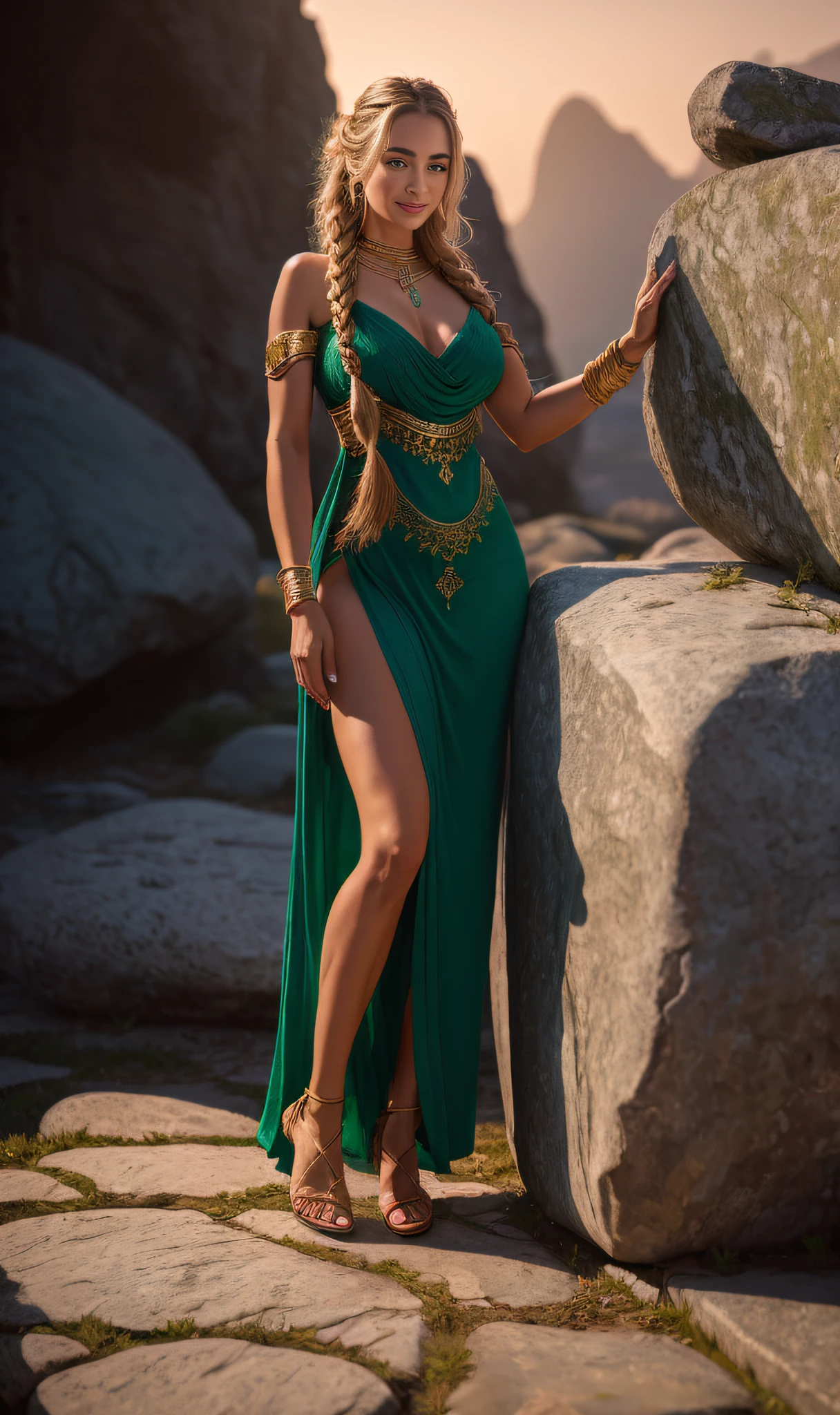 Masterpiece, (((full figure))) entire body in frame, (((magical lighting))) (((beautiful seductive smile sexy anorexic white goddess woman standing on stone floor ))), ((( green intricate midevil dress))) , (((long braided hair))) sunset lighting, golden hour, golden colors, very detailed, dramatic lighting, digital art trending on Artstation 8k HD high definition detailed realistic, detailed, skin texture, hyper detailed, realistic skin texture, armature, best quality, ultra high res, (photorealistic:1.4), high resolution, detailed, raw photo, sharp re, by lee jeffries nikon d850 film stock photograph 4 kodak portra 400 camera f1.6 lens rich colors hyper realistic lifelike texture dramatic lighting unrealengine trending on artstation cinestill 800, (((accurate female anatomy)))