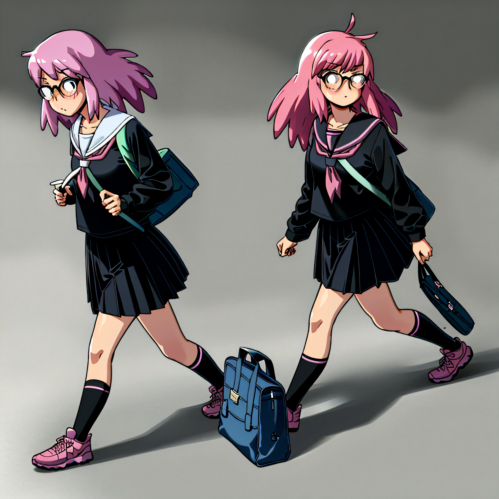 popstep, 1girl, solo, long hair, blush, skirt, simple background, shirt, long sleeves, holding, school uniform, standing, full body, pink hair, pleated skirt, shoes, glasses, serafuku, socks, black skirt, sailor collar, bag, neckerchief, kneehighs, black shirt, pink background, white socks, sneakers, walking, school bag, black serafuku, pink footwear, holding bag, opaque glasses