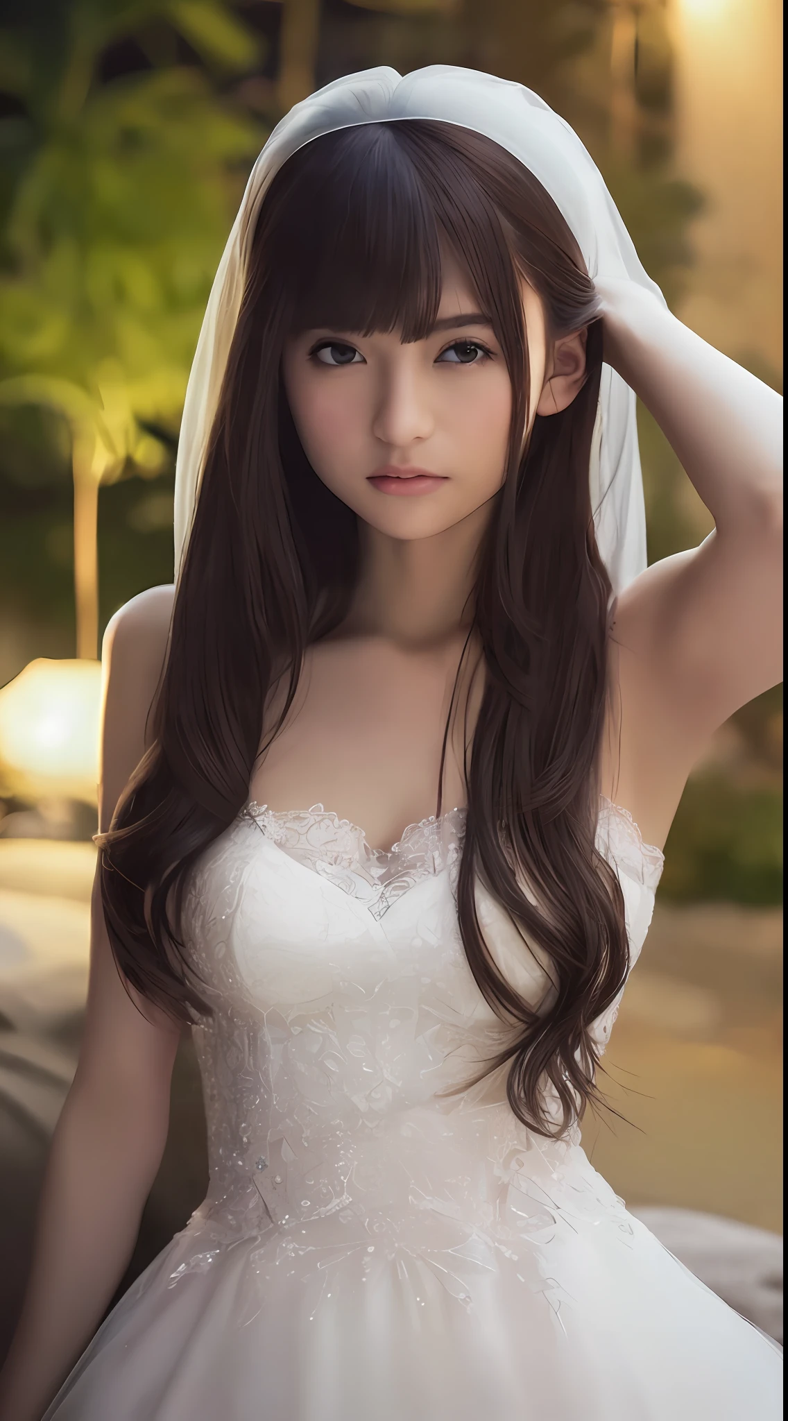 ((Realistic lighting, Best quality, 8K, Masterpiece: 1.3)), Clear focus: 1.2, 1girl, Perfect beauty: 1.4, Slim abs: 1.1, ((dark brown hair, Big breasts: 1.2)), (Wearing ultra-thin white sheer lace wedding dress: 1.4, black full-leg stockings: 1.2,), (Outdoor, night: 1.1), City streets, ultra-fine face, fine eyes, double eyelids, hands on the head, lying on the bed all over,