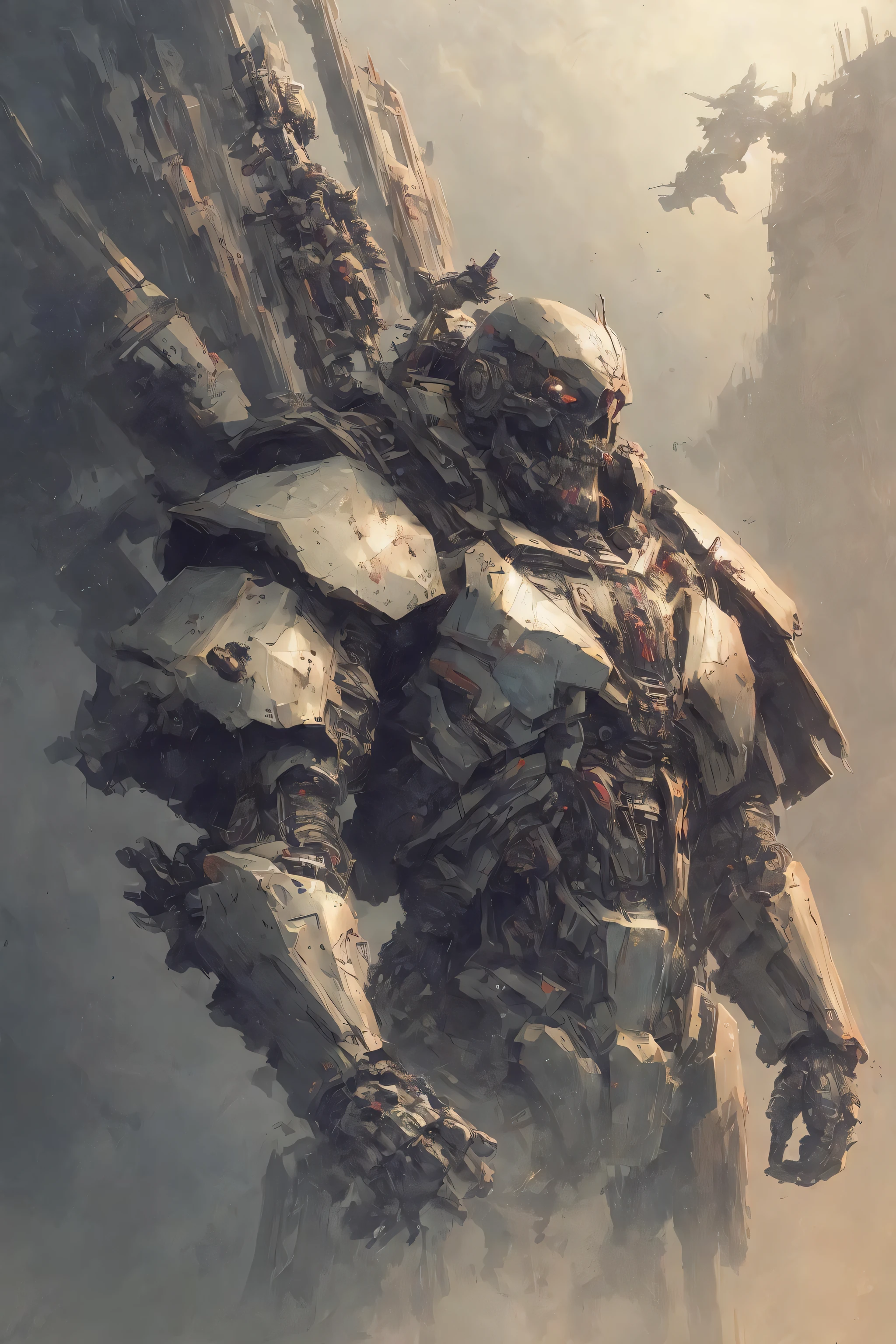 a exoskeleton with a gun in his hand and a skull on his huge chest, side view, sword in hands, (colorfully thick straight angular armor plates:1.4), John J. Park, Karl Thiart, sci-fi, Darek Zabrocki, Aleksi Briclot, artem demura, cyberpunk art, space art, hyper realistic, oversaturate, dramatic lighting