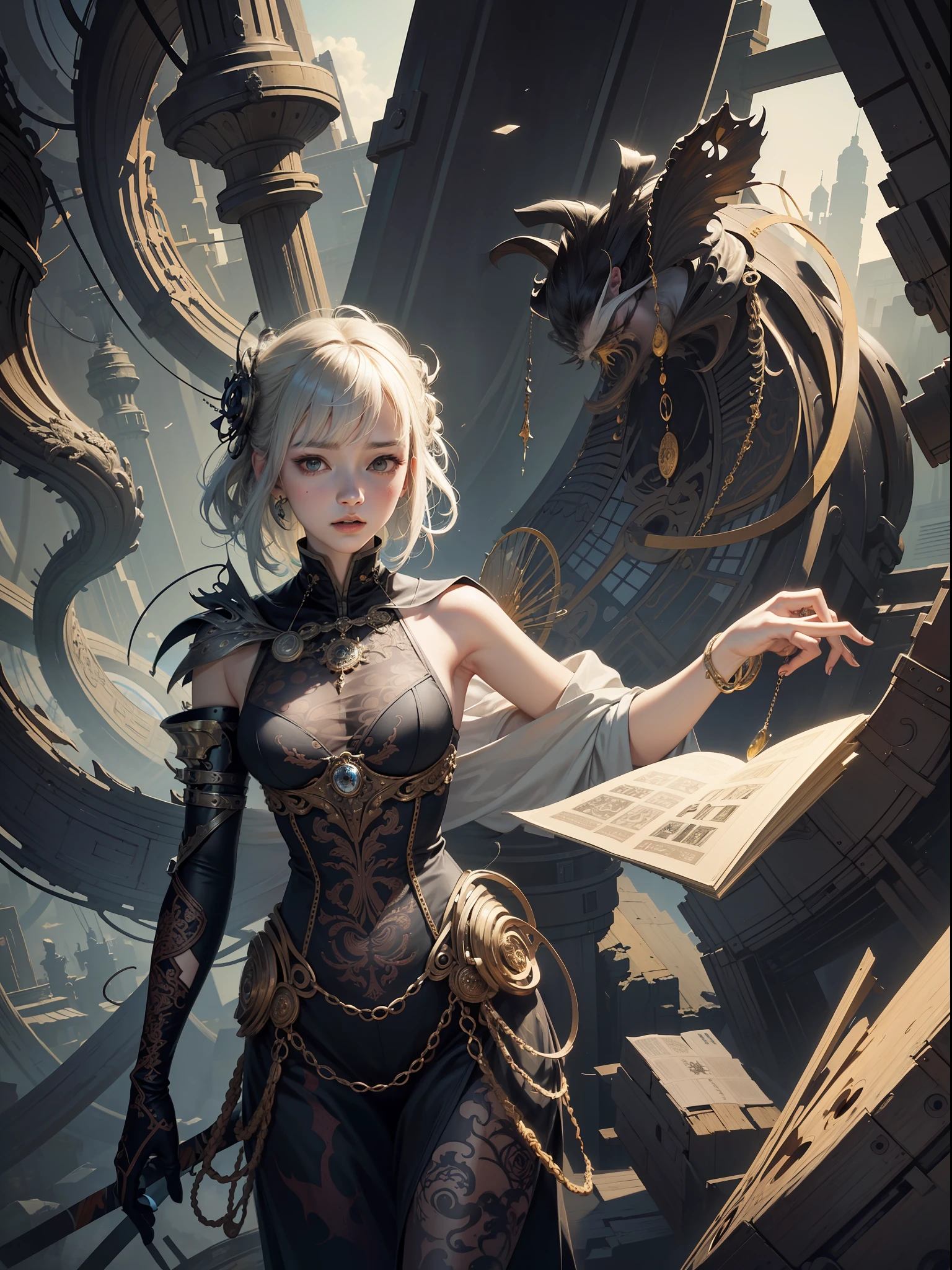 official art, unity 8k wallpaper, ultra detailed, beautiful and aesthetic, masterpiece, best quality, (zentangle, mandala, tangle, entangle), (fractal art:1.3) , 1girl, extremely detailed, dynamic angle, cowboyshot, the most beautiful form of chaos, elegant, a brutalist designed, vivid colours, romanticism, by james jean, roby dwi antono, ross tran, francis bacon, michal mraz, adrian ghenie, petra cortright, gerhard richter, takato yamamoto, ashley wood, atmospheric, ecstasy of musical notes, streaming musical notes visible