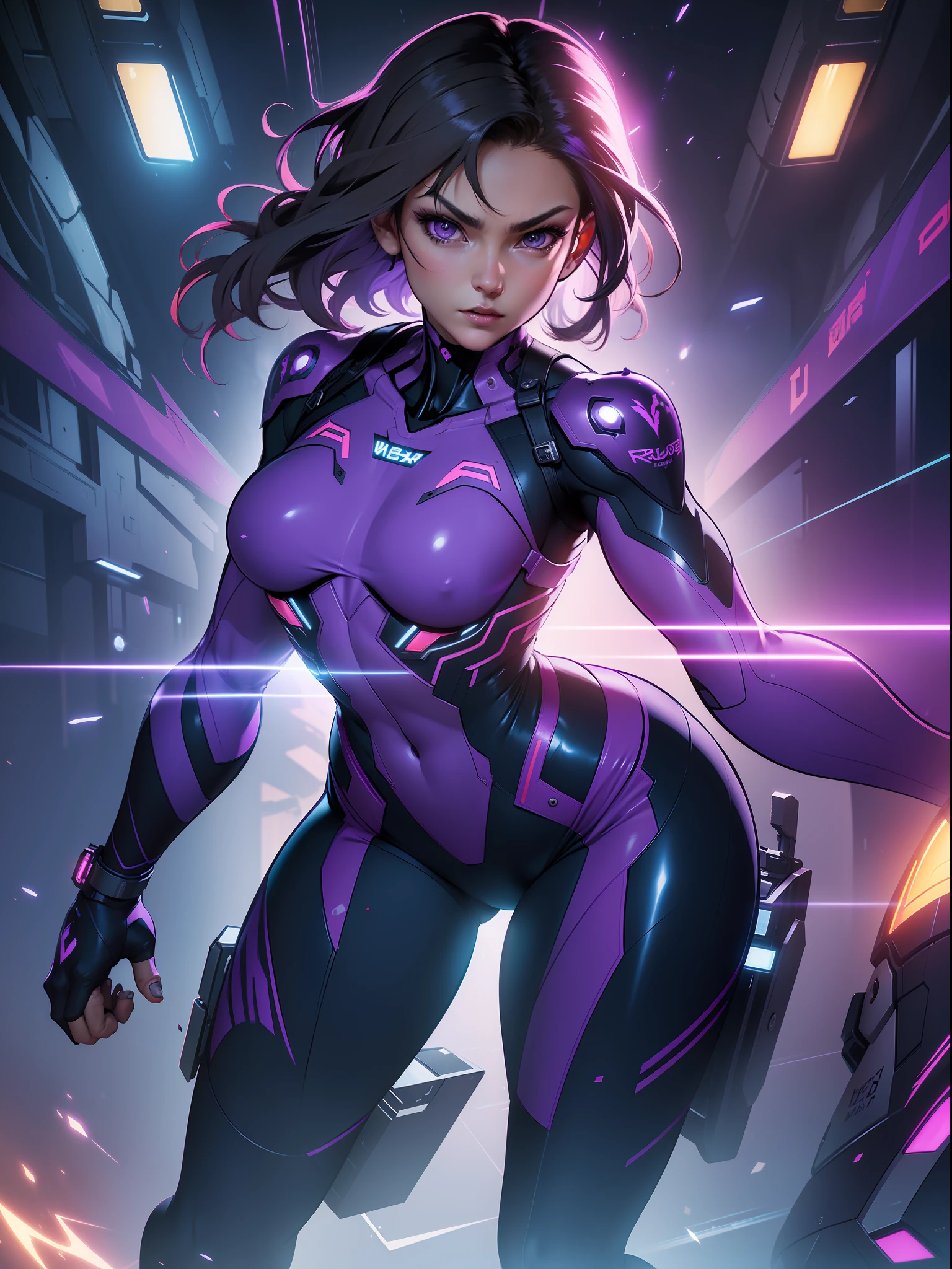 ((Best quality)), ((masterpiece)), (detailed: 1.4), (Absurd), paper, colorful line art, perfect face, Hot Latin woman fighter pilot ready for war, dark skin, lightning and lightning, defined muscular sculptural body, Wolverine mask, (((full body))), bare half-thick thighs, closed mouth, muscular body covered in purple tech clothing, Neon Genesis Evangelion style, cyberpunk, generous neckline, ((perfect small breasts)), ((totally purple clothing with golden rays)), (((short dark purple straight hair)))), long black eyelashes heavy makeup, garter belt, niji --V5, close to real, psychopath, crazy face, sexy pose, red and white background, 2 pieces clothing, centered, scale to fit dimensions, HDR (High Dynamic Range),Ray Tracing,NVIDIA RTX,Super-Resolution,Unreal 5,Subsurface dispersion, PBR Texture, Post-processing, Anisotropic filtering, Depth of field, Maximum clarity and sharpness, Multilayer textures, Albedo and specular maps, Surface shading, Accurate simulation of light-material interaction, Perfect proportions, Octane Render, Two-tone lighting, Wide aperture, Low ISO, White balance, Rule of thirds, 8K RAW, crysisnanosuit