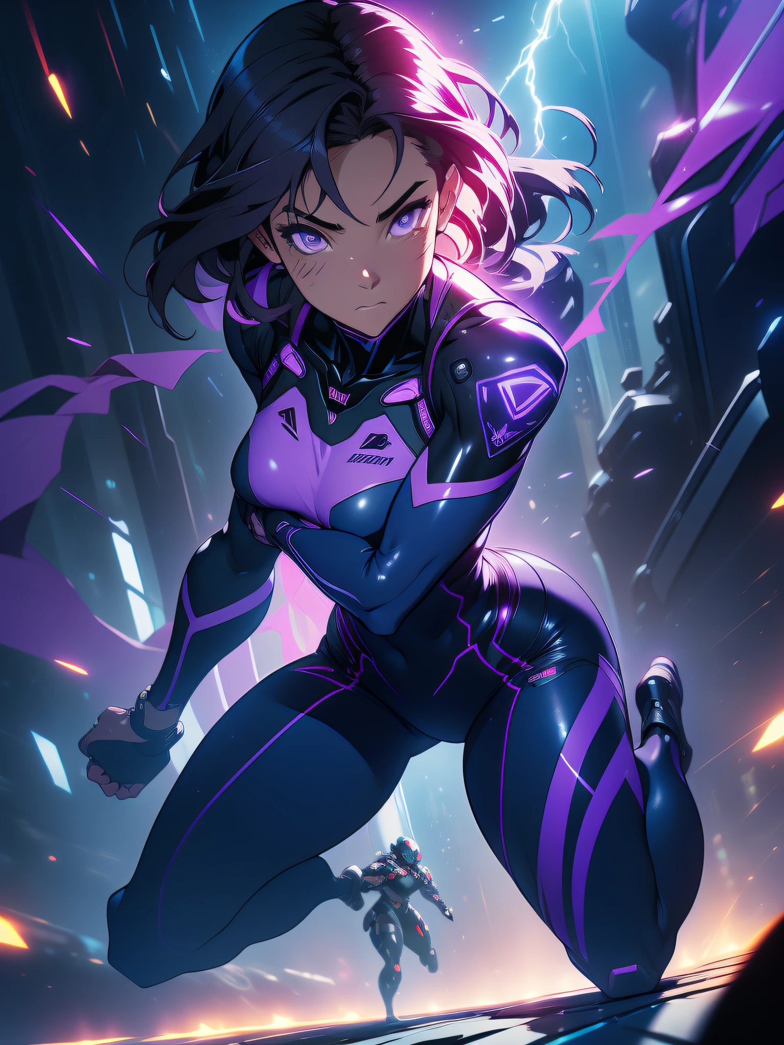 ((Best quality)), ((masterpiece)), (detailed: 1.4), (Absurd), paper, colorful line art, perfect face, Hot Latin woman fighter pilot ready for war, dark skin, lightning and lightning, defined muscular sculptural body, Wolverine mask, (((full body))), bare half-thick thighs, closed mouth, muscular body covered in purple tech clothing, Neon Genesis Evangelion style, cyberpunk, generous neckline, ((perfect small breasts)), ((totally purple clothing with golden rays)), (((short dark purple straight hair)))), long black eyelashes heavy makeup, garter belt, niji --V5, close to real, psychopath, crazy face, sexy pose, red and white background, 2 pieces clothing, centered, scale to fit dimensions, HDR (High Dynamic Range),Ray Tracing,NVIDIA RTX,Super-Resolution,Unreal 5,Subsurface dispersion, PBR Texture, Post-processing, Anisotropic filtering, Depth of field, Maximum clarity and sharpness, Multilayer textures, Albedo and specular maps, Surface shading, Accurate simulation of light-material interaction, Perfect proportions, Octane Render, Two-tone lighting, Wide aperture, Low ISO, White balance, Rule of thirds, 8K RAW, crysisnanosuit