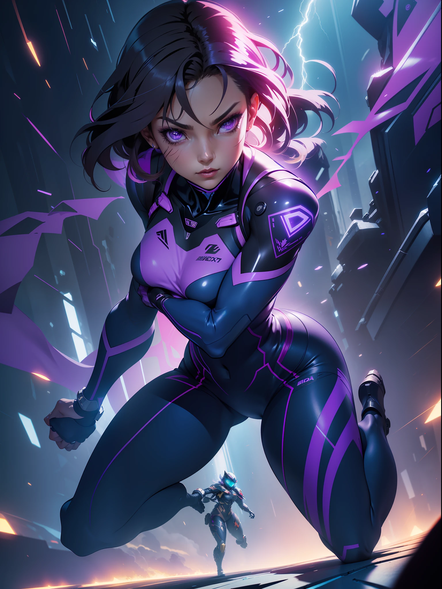 ((Best quality)), ((masterpiece)), (detailed: 1.4), (Absurd), paper, colorful line art, perfect face, Hot Latin woman fighter pilot ready for war, dark skin, lightning and lightning, defined muscular sculptural body, Wolverine mask, (((full body))), bare half-thick thighs, closed mouth, muscular body covered in purple tech clothing, Neon Genesis Evangelion style, cyberpunk, generous neckline, ((perfect small breasts)),  ((totally purple clothing with golden rays)), (((short dark purple straight hair)))), long black eyelashes heavy makeup, garter belt, niji --V5, close to real, psychopath, crazy face, sexy pose, red and white background, 2 pieces clothing, centered, scale to fit dimensions, HDR (High Dynamic Range),Ray Tracing,NVIDIA RTX,Super-Resolution,Unreal 5,Subsurface dispersion,  PBR Texture, Post-processing, Anisotropic filtering, Depth of field, Maximum clarity and sharpness, Multilayer textures, Albedo and specular maps, Surface shading, Accurate simulation of light-material interaction, Perfect proportions, Octane Render, Two-tone lighting, Wide aperture, Low ISO, White balance, Rule of thirds, 8K RAW, crysisnanosuit
