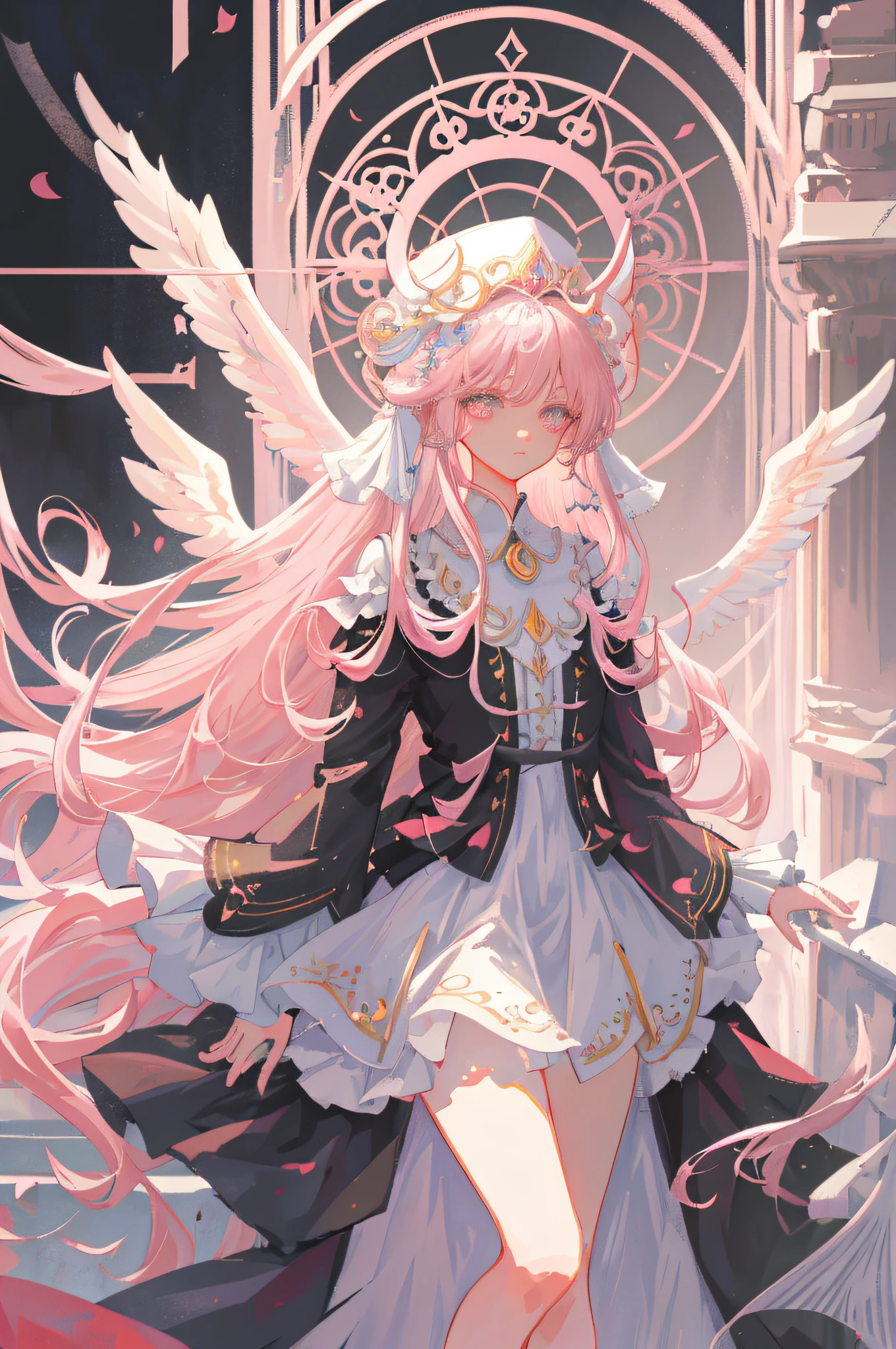 1girl, Silver hair, pink headwear, long hair, curly hair, gothic, pink puffy dress, magic circle, facing viewer, Realistic, delicate, smooth, flowing, ethereal, graceful, lifelike, precise, detailed, refined, subtle, intricate, soft, gentle, luminous, radiant, glowing, harmonious, balanced, proportionate, elegant, serene, tranquil, heavenly, celestial, pure, innocent, angelic, divine
(masterpiece), (best quality), Amazing, beautiful detailed eyes, (finely detail), Depth of field, extremely detailed CG, original, extremely detailed wallpaper, (vivid colors),