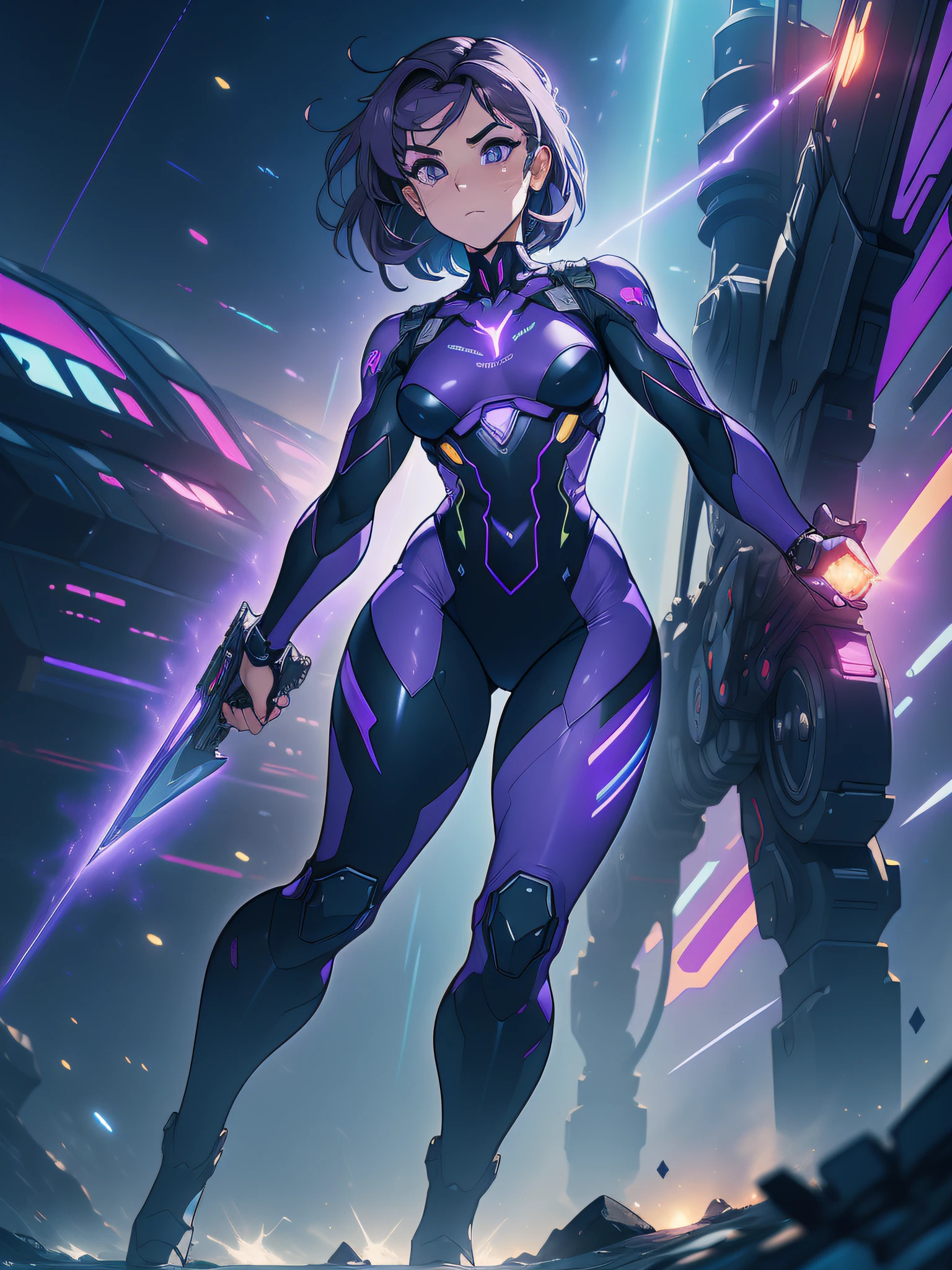 ((Best quality)), ((masterpiece)), (detailed: 1.4), (Absurd), paper, colorful line art, perfect face, Hot Latin woman fighter pilot ready for war, dark skin, lightning and lightning, defined muscular sculptural body, Wolverine mask, (((full body))), bare half-thick thighs, closed mouth, muscular body covered in purple tech clothing, Neon Genesis Evangelion style, cyberpunk, generous neckline, ((perfect small breasts)), (lilac eyes), ((totally purple clothing with golden rays)), (((short dark purple straight hair)))), long black eyelashes heavy makeup, garter belt, niji --V5, close to real, psychopathic, crazy face, sexy pose, red and white background, 2 pieces clothing, centered, scale to fit dimensions, HDR (High Dynamic Range),Ray Tracing,NVIDIA RTX,Super-Resolution,Unreal 5, Subsurface Dispersion, PBR Texture, Post-processing, Anisotropic Filtering, Depth of Field, Maximum Clarity and Sharpness, Multilayer Textures, Albedo and Specular Maps, Surface Shading, Accurate Simulation of Light-Material Interaction, Perfect Proportions, Octane Render, Two-Tone Lighting, Wide Aperture, Low ISO, White Balance, Rule of Thirds, 8K RAW, Crysisnanosuit
