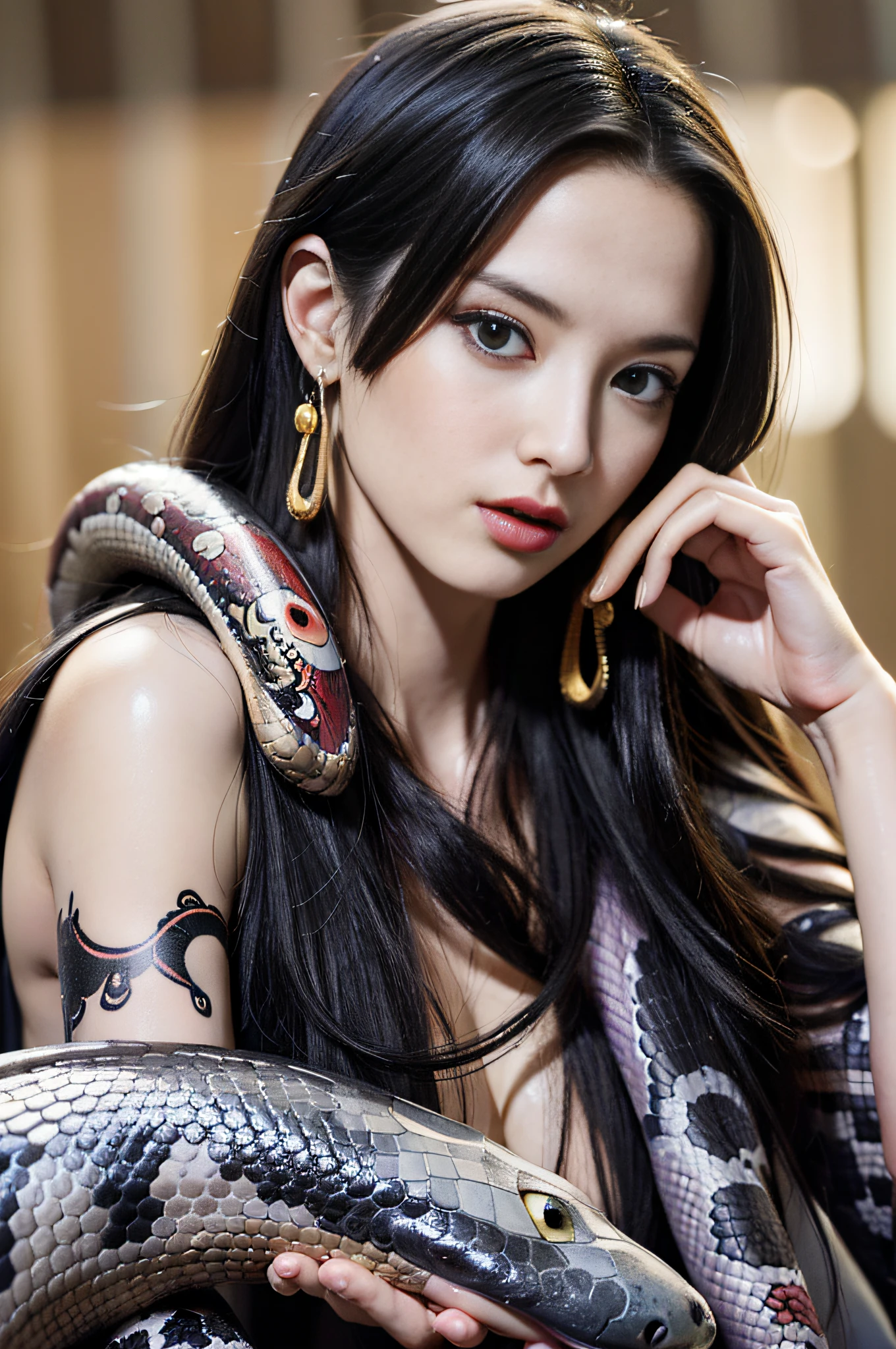 (((masterpiece+best quality+high resolution+ultra-detailed))), boa hancock, snake_skull, long silky black hair, high nose, sharp eyes, noble and inviolable temperament, (([female]: 1.2 + [beauty]: 1.2 + black long hair: 1.2)), snake background, bright eyes, dynamic angle and posture.