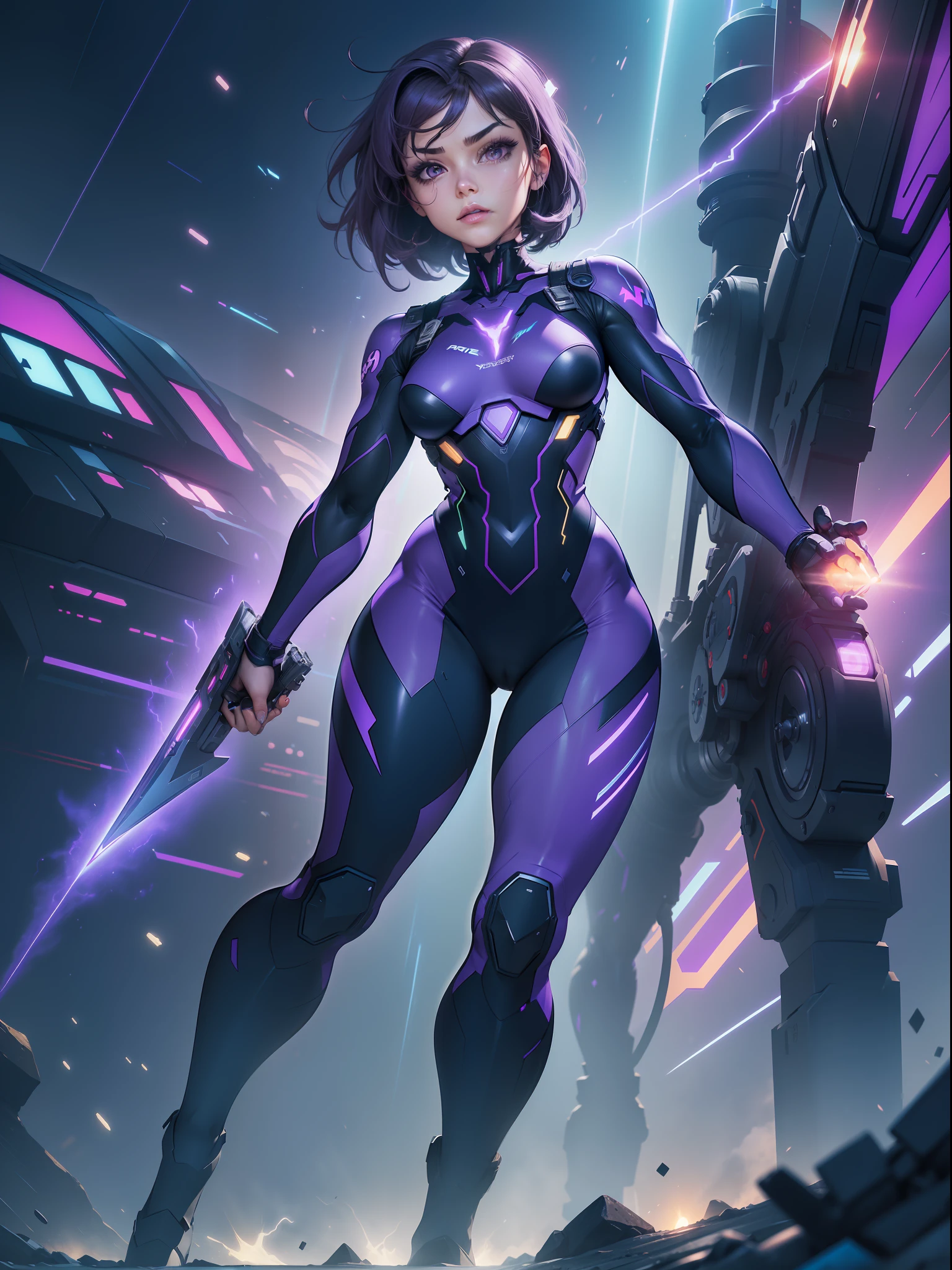 ((Best quality)), ((masterpiece)), (detailed: 1.4), (Absurd), paper, colorful line art, perfect face, Hot Latin woman fighter pilot ready for war, dark skin, lightning and lightning, defined muscular sculptural body, Wolverine mask, (((full body))), bare half-thick thighs, closed mouth, muscular body covered in purple tech clothing, Neon Genesis Evangelion style, cyberpunk, generous neckline, ((perfect small breasts)), (lilac eyes), ((totally purple clothing with golden rays)), (((short dark purple straight hair)))), long black eyelashes heavy makeup, garter belt, niji --V5, close to real, psychopathic, crazy face, sexy pose, red and white background, 2 pieces clothing, centered, scale to fit dimensions, HDR (High Dynamic Range),Ray Tracing,NVIDIA RTX,Super-Resolution,Unreal 5, Subsurface Dispersion, PBR Texture, Post-processing, Anisotropic Filtering, Depth of Field, Maximum Clarity and Sharpness, Multilayer Textures, Albedo and Specular Maps, Surface Shading, Accurate Simulation of Light-Material Interaction, Perfect Proportions, Octane Render, Two-Tone Lighting, Wide Aperture, Low ISO, White Balance, Rule of Thirds, 8K RAW, Crysisnanosuit