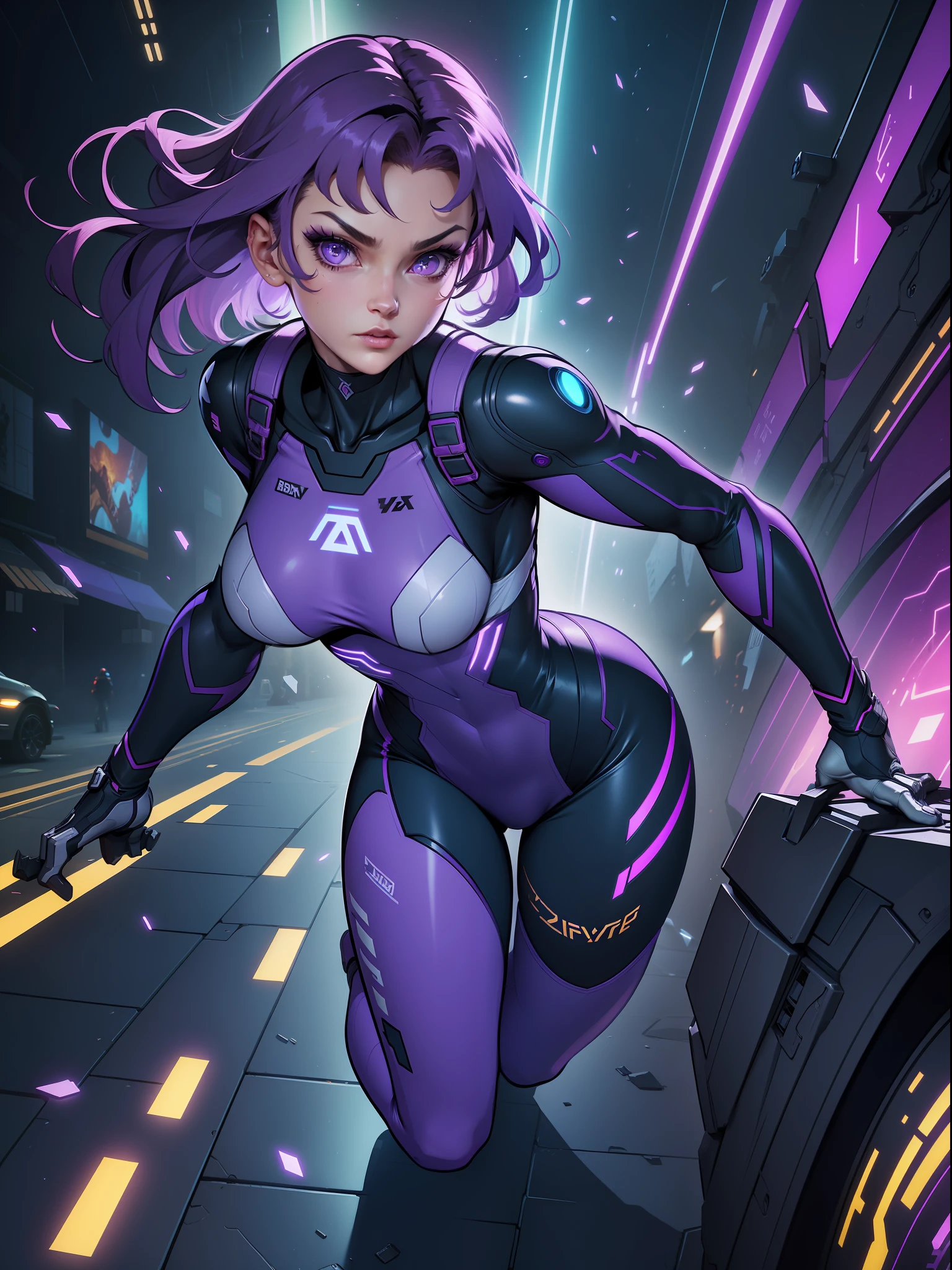 ((Best quality)), ((masterpiece)), (detailed: 1.4), (Absurd), paper, colorful line art, perfect face, Hot Latin woman fighter pilot ready for war, dark skin, lightning and lightning, defined muscular sculptural body, Wolverine mask, (((full body))), bare half-thick thighs, closed mouth, muscular body covered in purple tech clothing, Neon Genesis Evangelion style, cyberpunk, generous neckline, ((perfect small breasts)), (lilac eyes), ((totally purple clothing with golden rays)), (((short dark purple straight hair)))), long black eyelashes heavy makeup, garter belt, niji --V5, close to real, psychopathic, crazy face, sexy pose, red and white background, 2 pieces clothing, centered, scale to fit dimensions, HDR (High Dynamic Range),Ray Tracing,NVIDIA RTX,Super-Resolution,Unreal 5, Subsurface Dispersion, PBR Texture, Post-processing, Anisotropic Filtering, Depth of Field, Maximum Clarity and Sharpness, Multilayer Textures, Albedo and Specular Maps, Surface Shading, Accurate Simulation of Light-Material Interaction, Perfect Proportions, Octane Render, Two-Tone Lighting, Wide Aperture, Low ISO, White Balance, Rule of Thirds, 8K RAW, Crysisnanosuit