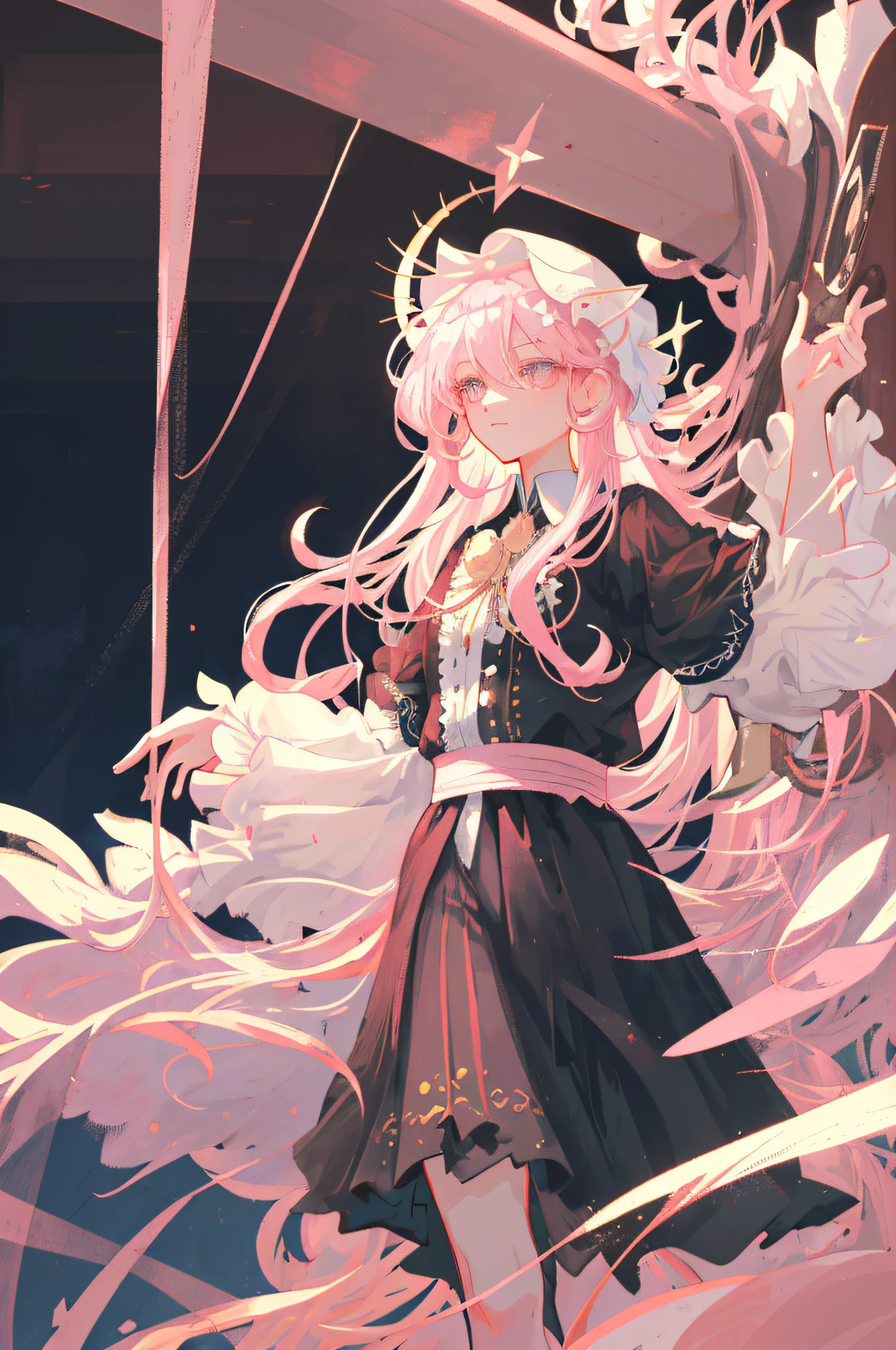 1girl, Silver hair, pink headwear, long hair, curly hair, gothic, pink puffy dress, magic circle, facing viewer, Realistic, delicate, smooth, flowing, ethereal, graceful, lifelike, precise, detailed, refined, subtle, intricate, soft, gentle, luminous, radiant, glowing, harmonious, balanced, proportionate, elegant, serene, tranquil, heavenly, celestial, pure, innocent, angelic, divine
(masterpiece), (best quality), Amazing, beautiful detailed eyes, (finely detail), Depth of field, extremely detailed CG, original, extremely detailed wallpaper, (vivid colors),