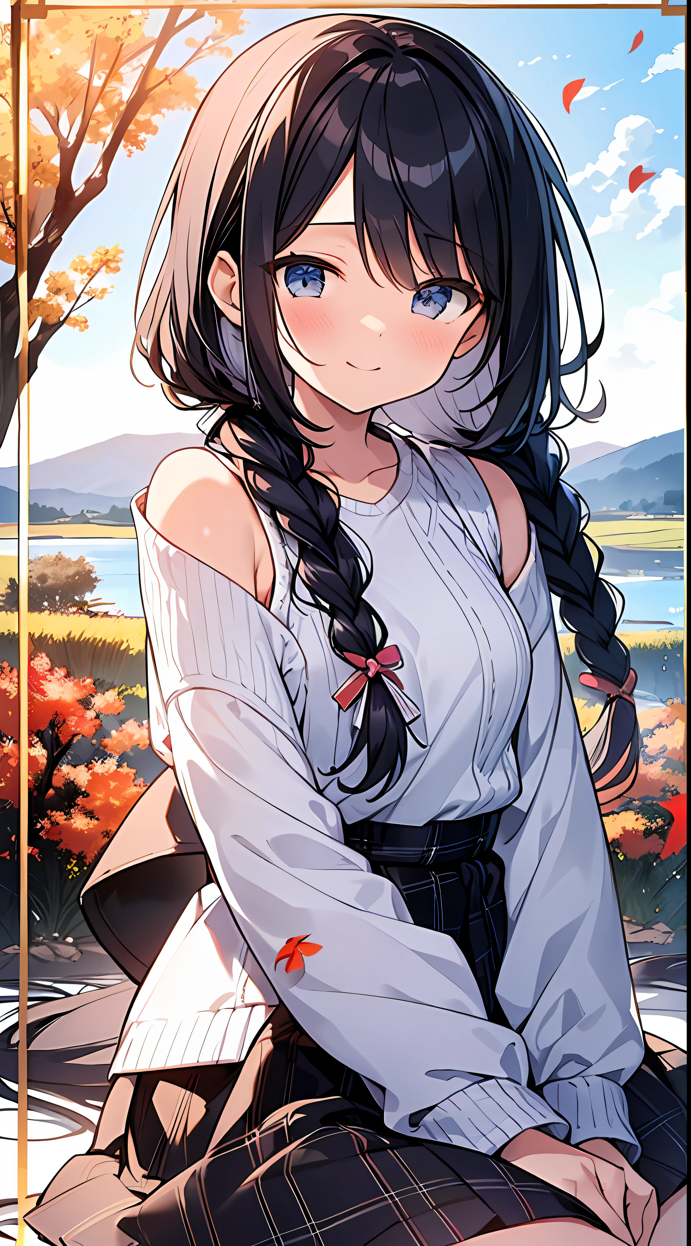 Top Quality, Masterpiece, Ultra High Resolution, 8k, White Sweater, White Skirt Anime Style Little , Single, Ultra Detailed Line Art, Digital Enhancement, Anime Core, Flowing Fabric, Close Up, Hair Length to Shoulder and Short Braid, Autumn Landscape, Soft Drawing, Hair Fluttering in the Wind, Beautiful Black Hair, Full Smile, Patchy Eyes, Looks Really Weak, Sitting Forward