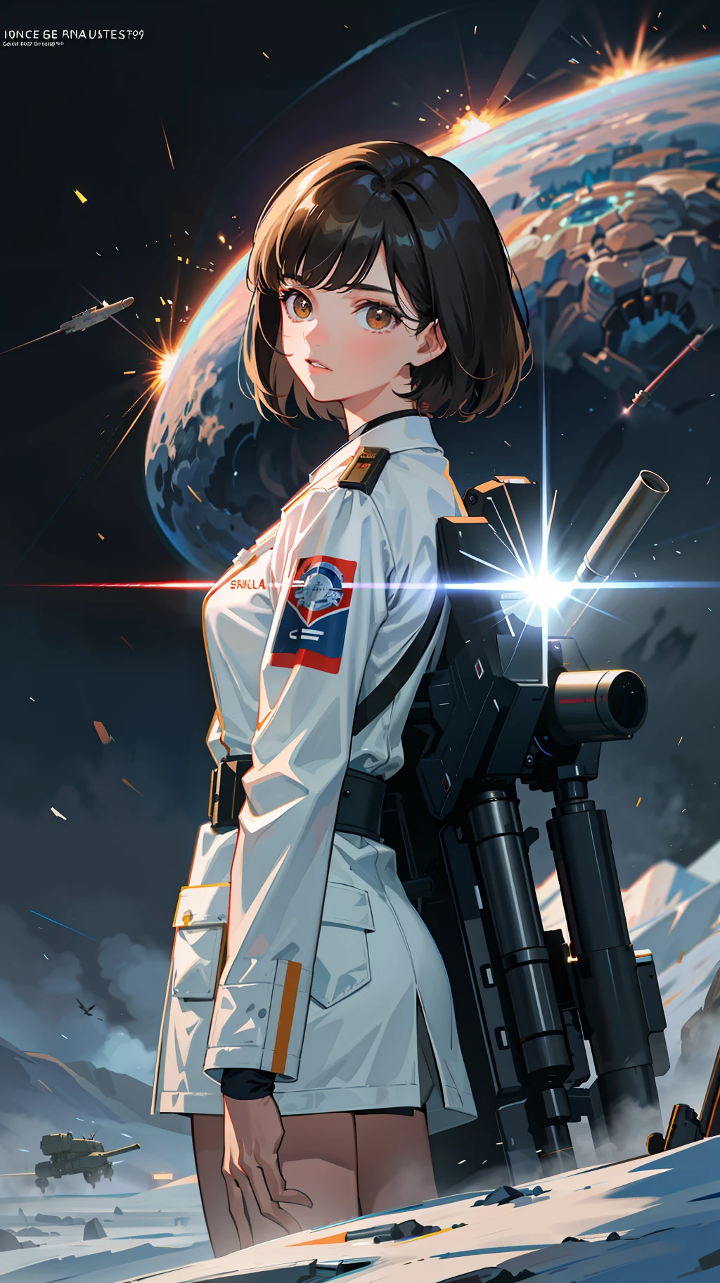 Science Fiction,Sci-Fi Movies,Artillery,Long-Range Missiles,Based on the Movie Foundation ,Woman,Adult,Protagonist,28 years old,hopeful face,brown eyes,short hairstyle,black hair with white gray,scientist uniform,white researcher coat,open meadow,rebel,chaotic,future world,world of socialism,snow,chaos