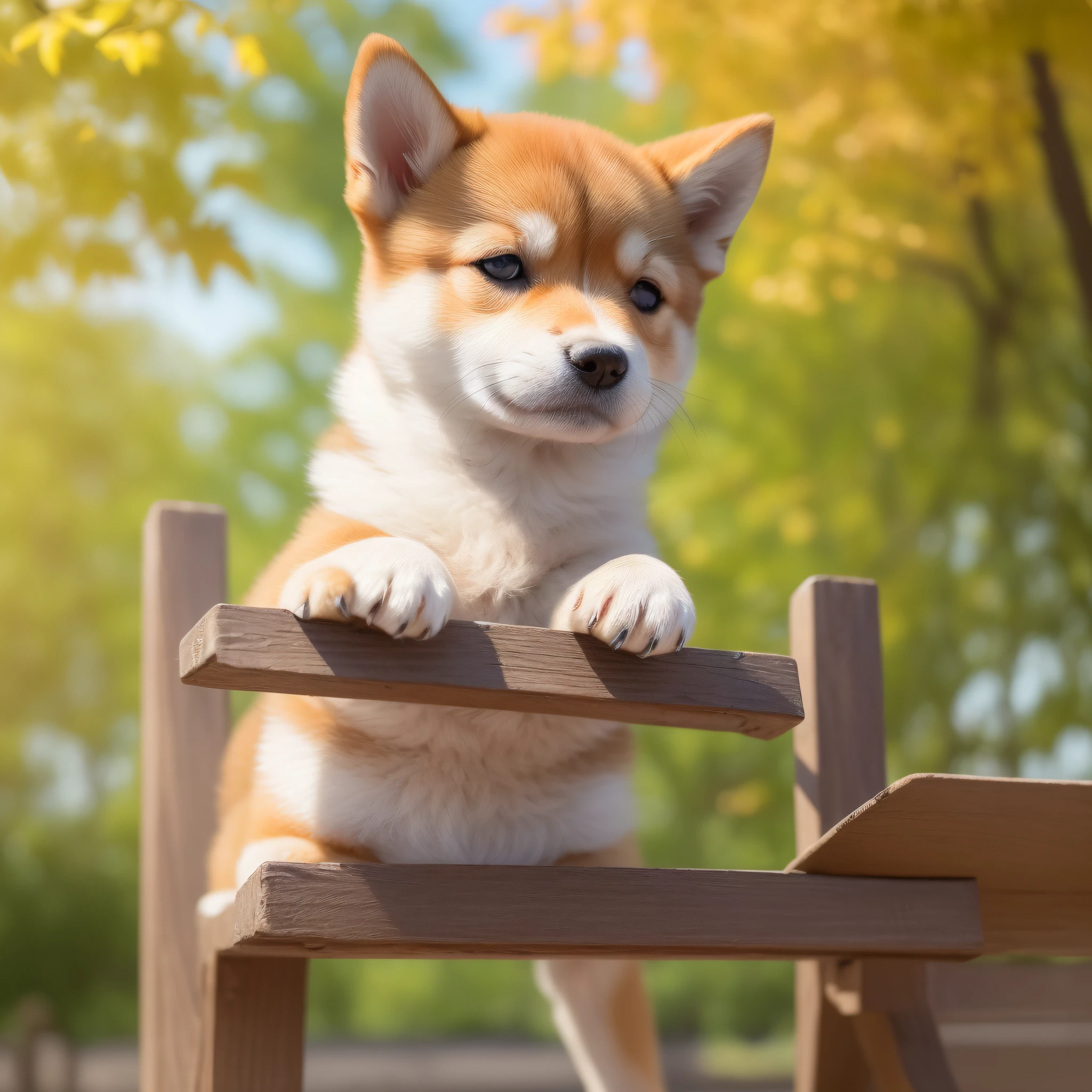 ((Amazing picture)), ((Best Quality, 8k, Masterpiece: 1.3)), (1 Shiba Inu), (Puppies))), (Happy look))) (Very cute dog) Big eyes, playing in the Japan park, bench, blue sky, colorful, autumn