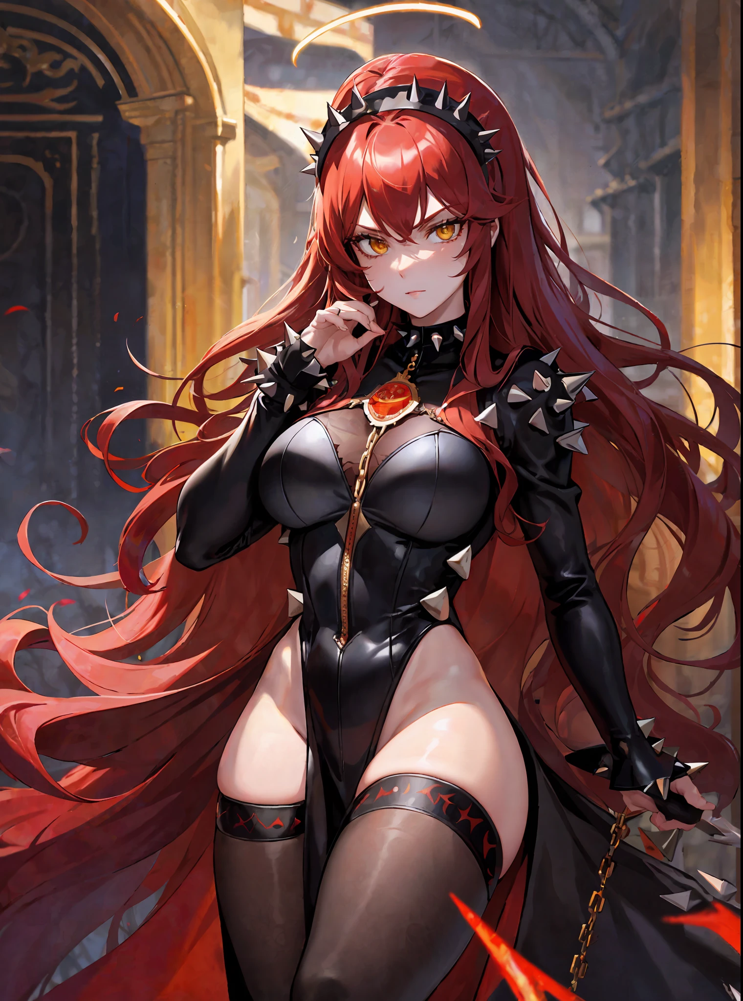 (masterpiece, best quality), close-up picture, alone, an adult woman with very long red hair, (golden armor), dress, red leather, black bows, long stockings, (((wavy hair))), (((black crown with spikes))), hand covering face, bare legs, bodysuit, queen, lake, chains, halo, black crown, good anatomy, correct proportions, black boots, torn clothes, queen, yellow eyes, serious,  mysterious appearance, blood, emotionless, palace, straight bangs, very long red hair, evil, (yellow eyes), gothic, medium chest, blood weapons, blood spikes, chest to head show, cinematics, color oil painting, solo, cinematic lighting, extremely detailed face, finely detailed face, beautiful face, beautiful eyes, perfect lighting, depth of field, realistic proportions, good anatomy,  long coat