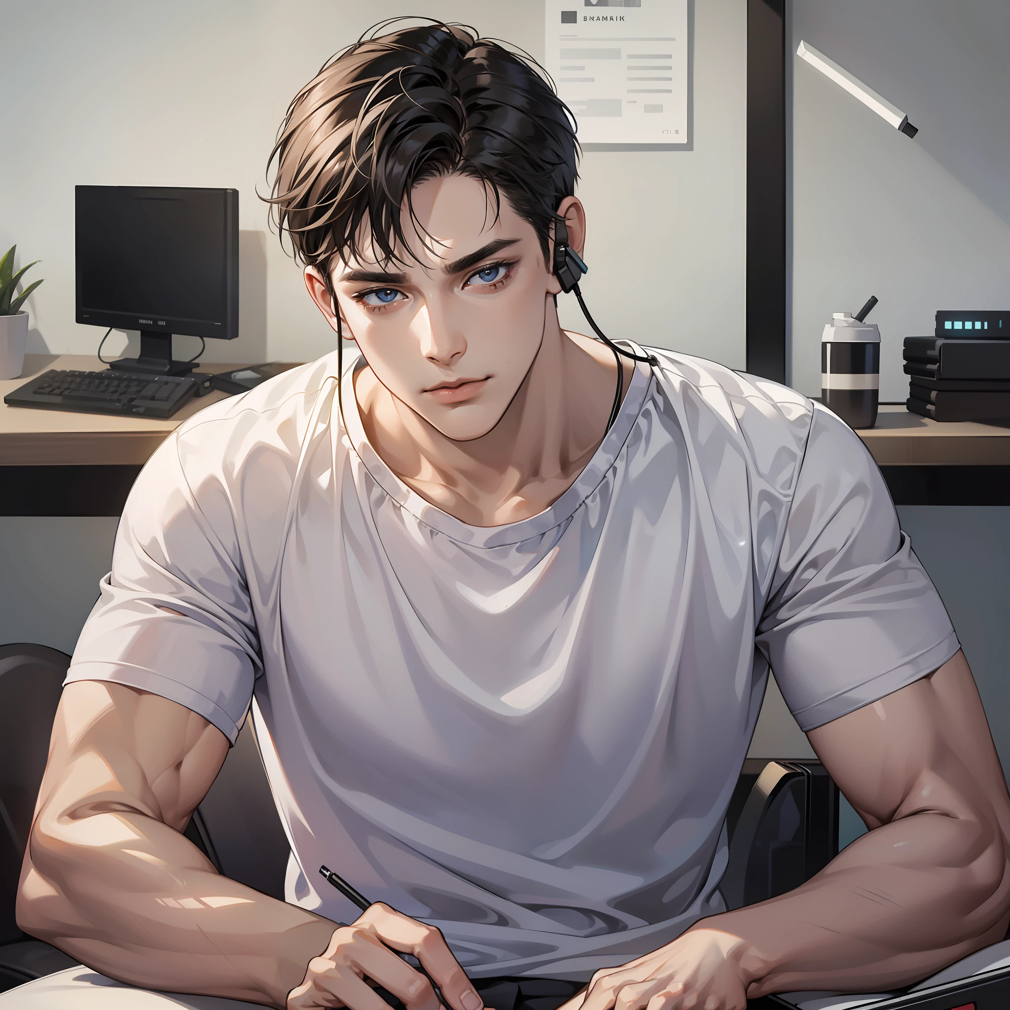 Masterpiece, high quality, best quality, HD, realistic, perfect lighting, detailed face, detailed body, 1 man, short black hair, white t-shirt, (calm expression: 1.5) (indifferent face: 1.5), wearing headphones, sitting in front of computer screen, writing, room