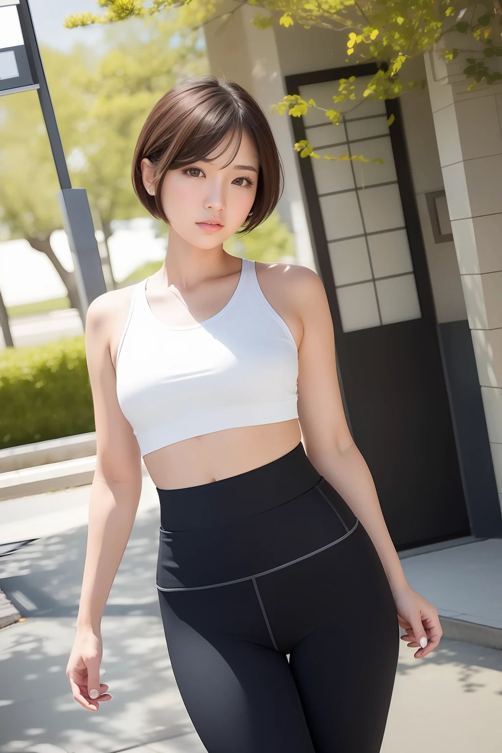 8K, (realistic, photo rendering, DSLR large aperture) short hair beauty, mixed Japanese and Korean, all, looking up, campus style, leggings, campus