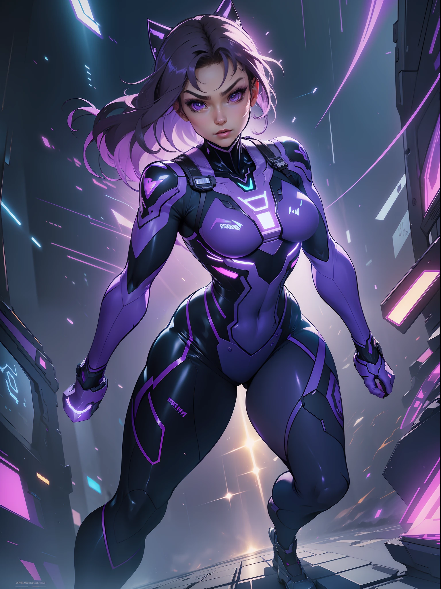 ((Best quality)), ((masterpiece)), (detailed: 1.4), (Absurd), paper, colorful line art, perfect face, Hot Latin woman fighter pilot ready for war, dark skin, lightning and lightning, defined muscular sculptural body, Wolverine mask, (((full body))), bare half-thick thighs, closed mouth, muscular body covered in purple tech clothing, Neon Genesis Evangelion style, cyberpunk, generous neckline, ((perfect small breasts)), (lilac eyes), ((totally purple clothing with golden rays)), (((short dark purple straight hair)))), long black eyelashes heavy makeup, garter belt, niji --V5, close to real, psychopathic, crazy face, sexy pose, red and white background, 2 pieces clothing, centered, scale to fit dimensions, HDR (High Dynamic Range),Ray Tracing,NVIDIA RTX,Super-Resolution,Unreal 5, Subsurface Dispersion, PBR Texture, Post-processing, Anisotropic Filtering, Depth of Field, Maximum Clarity and Sharpness, Multilayer Textures, Albedo and Specular Maps, Surface Shading, Accurate Simulation of Light-Material Interaction, Perfect Proportions, Octane Render, Two-Tone Lighting, Wide Aperture, Low ISO, White Balance, Rule of Thirds, 8K RAW, Crysisnanosuit