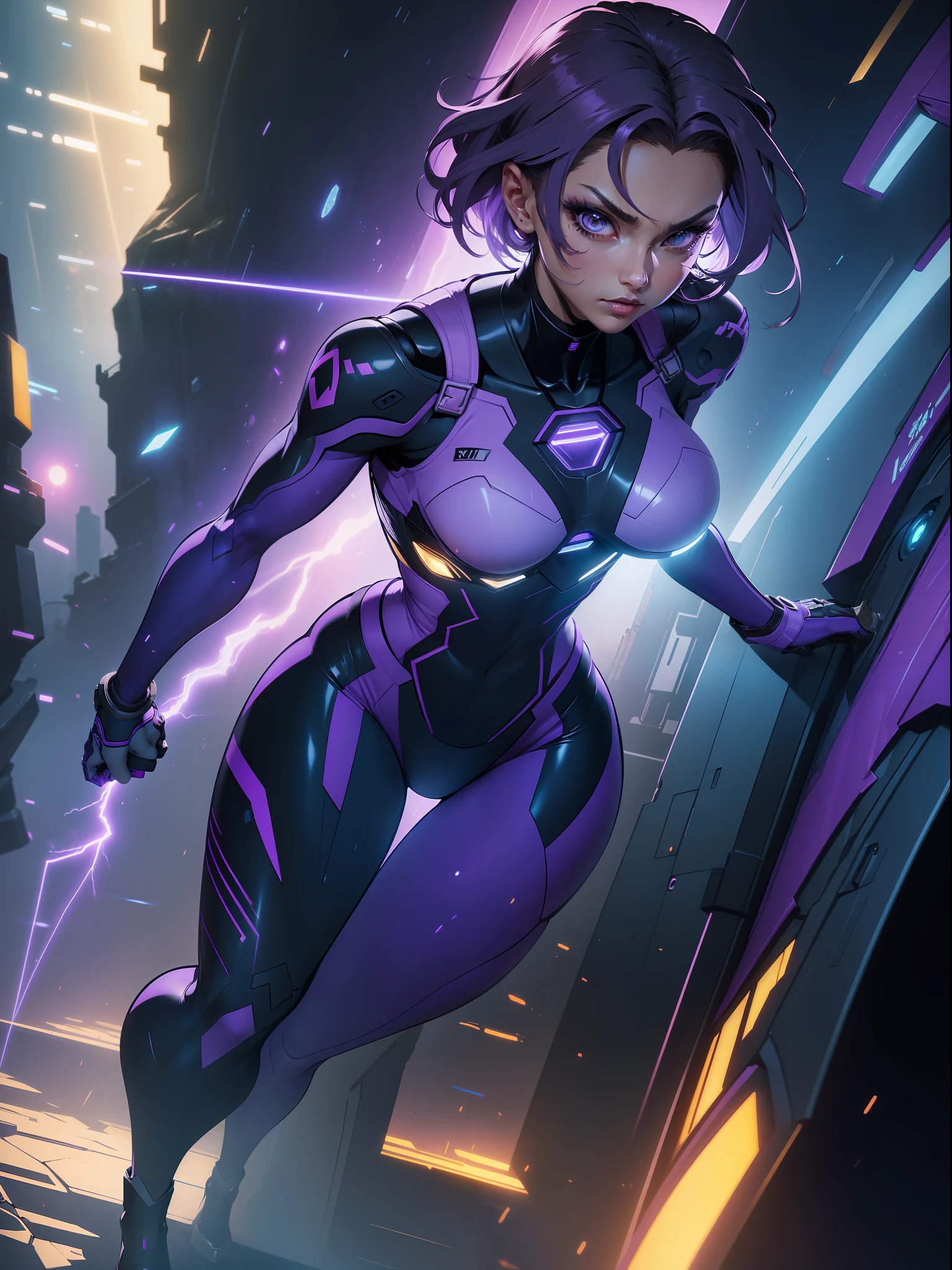 ((Best quality)), ((masterpiece)), (detailed: 1.4), (Absurd), paper, colorful line art, perfect face, Hot Latin woman fighter pilot ready for war, dark skin, lightning and lightning, defined muscular sculptural body, Wolverine mask, (((full body))), bare half-thick thighs, closed mouth, muscular body covered in purple tech clothing, Neon Genesis Evangelion style, cyberpunk, generous neckline, ((perfect small breasts)), (lilac eyes), ((totally purple clothing with golden rays)), (((short dark purple straight hair)))), long black eyelashes heavy makeup, garter belt, niji --V5, close to real, psychopathic, crazy face, sexy pose, red and white background, 2 pieces clothing, centered, scale to fit dimensions, HDR (High Dynamic Range),Ray Tracing,NVIDIA RTX,Super-Resolution,Unreal 5, Subsurface Dispersion, PBR Texture, Post-processing, Anisotropic Filtering, Depth of Field, Maximum Clarity and Sharpness, Multilayer Textures, Albedo and Specular Maps, Surface Shading, Accurate Simulation of Light-Material Interaction, Perfect Proportions, Octane Render, Two-Tone Lighting, Wide Aperture, Low ISO, White Balance, Rule of Thirds, 8K RAW, Crysisnanosuit