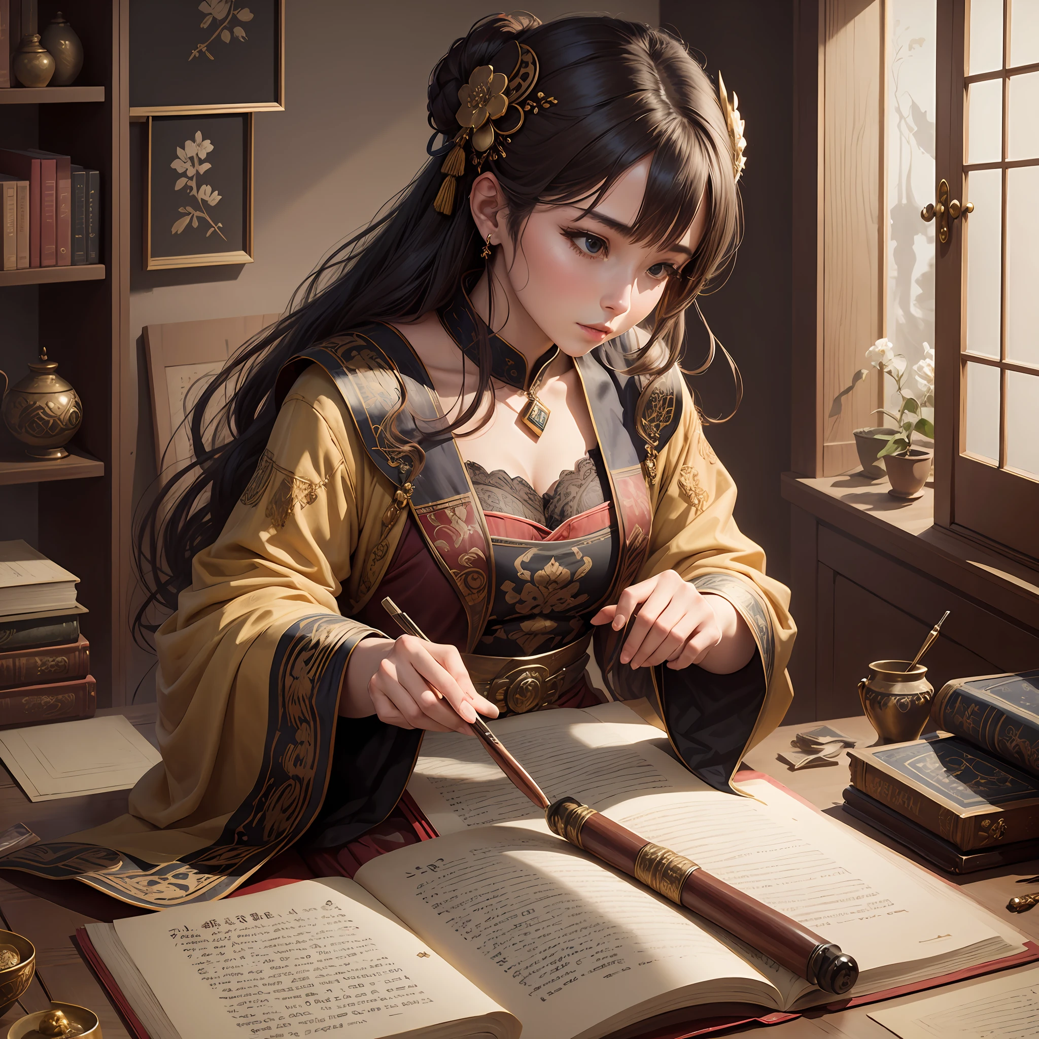 A beautiful woman dressed in Han costume practices her words in an antique study, surrounded by calligraphy works --auto --s2