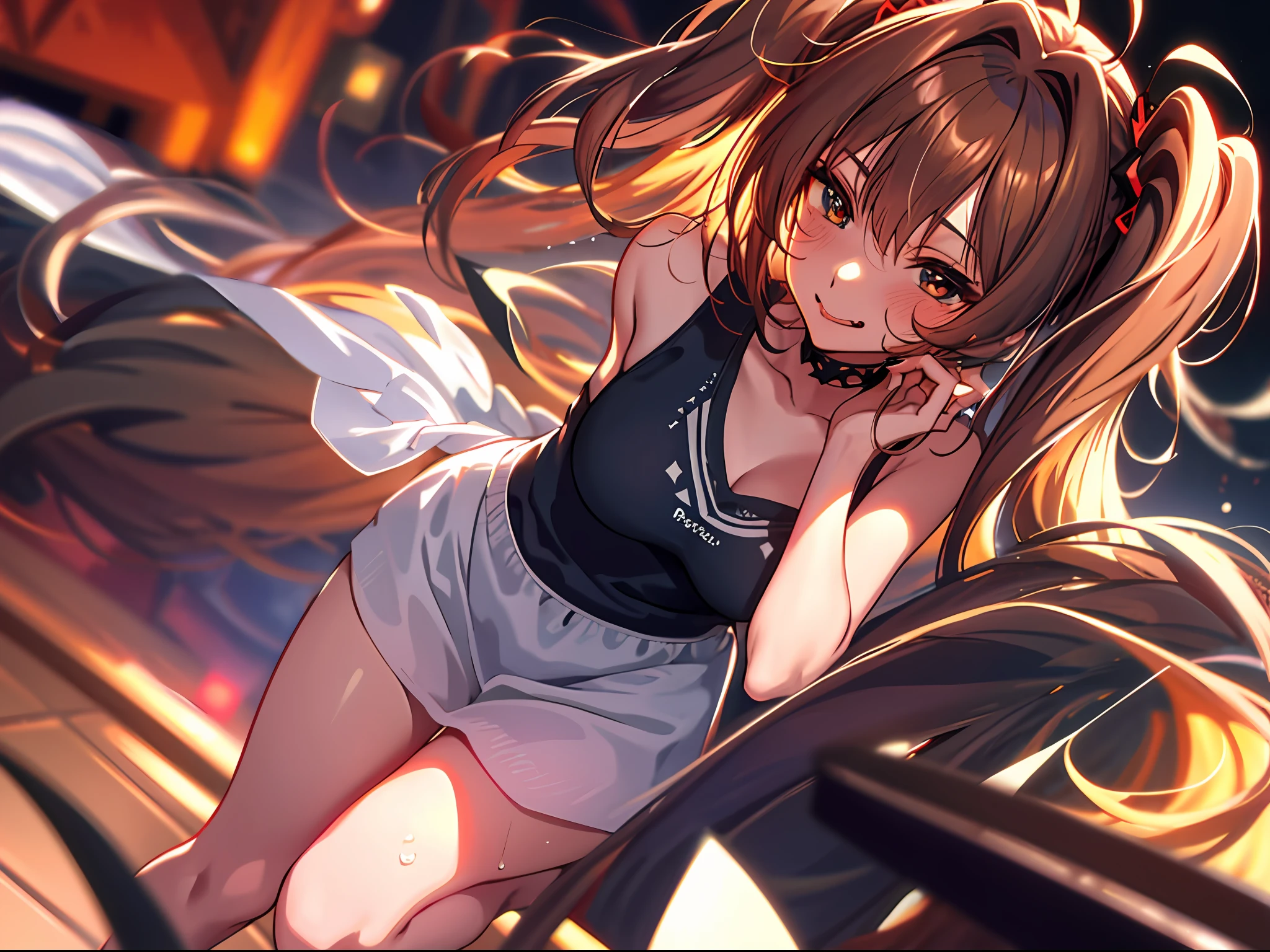 Starry eyes, it looks even more beautiful than immortal, ahoge, hair, star-shaped pupils, amber eyes, colored contact lenses, blush, high detail, anime, romanticism, modern, gothic art, anime style, film lighting, ray tracing, motion lines, first-person perspective, close-up, sony fe gm, uhd, high detail, top quality, 8k, big breasts, Light brown hair, twin tails, beautiful fingers, well-formed fingers, big smile, parfect anatomy, correct anatomy, perfect proportion, perfect face, perfect legs, close-up, sweat, cute, kiss, ripping shirt, hair band, tongue sticking out, miko, shy, licking、lyung on back、smirking at viewer、tank top