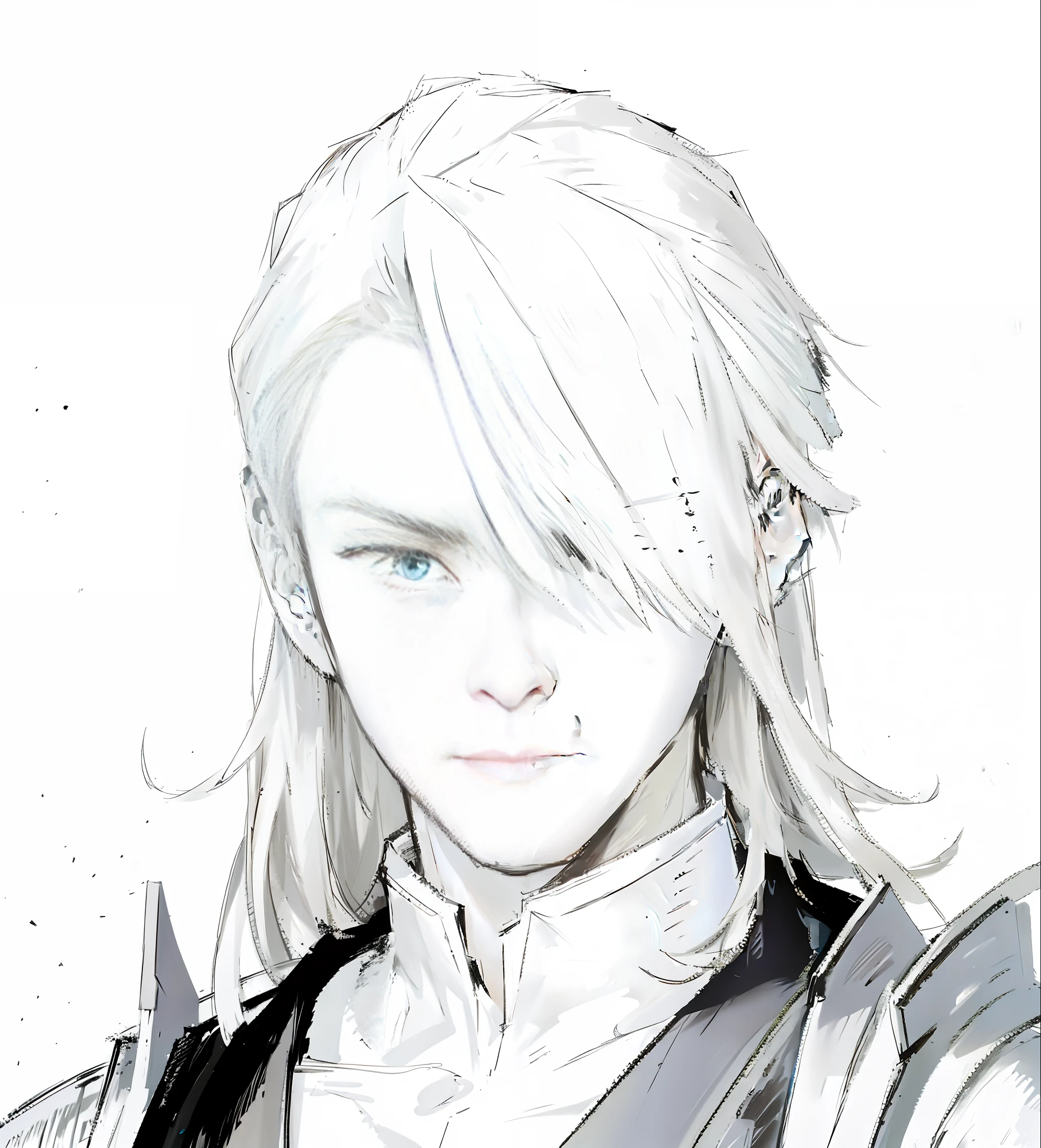 good looking man face, masterpiece, best quality, solo, japanese dress, simple background, white background, monochrome, line drawing, ((sketch))