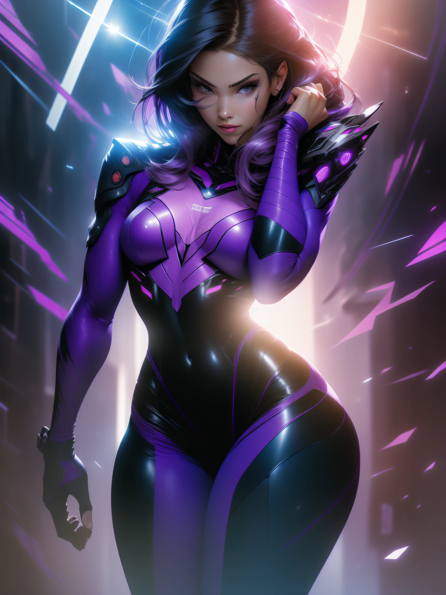 ((Best quality)), ((masterpiece)), (detailed: 1.4), (Absurd), paper, colorful line art, perfect face, Hot Latin woman fighter pilot ready for war, dark skin, lightning and lightning, defined muscular sculptural body, Wolverine mask, (((full body))), bare half-thick thighs, closed mouth, muscular body covered in purple tech clothing, Neon Genesis Evangelion style, cyberpunk, generous neckline, ((perfect small breasts)),  (lilac eyes), ((totally purple clothing with golden rays)), (((short dark purple straight hair)))), long black eyelashes heavy makeup, garter belt, niji --V5, close to real, psychopathic, crazy face, sexy pose, red and white background, 2 pieces clothing, centered, scale to fit dimensions, HDR (High Dynamic Range),Ray Tracing,NVIDIA RTX,Super-Resolution,Unreal 5, Subsurface Dispersion, PBR Texture, Post-processing, Anisotropic Filtering, Depth of Field, Maximum Clarity and Sharpness, Multilayer Textures, Albedo and Specular Maps, Surface Shading, Accurate Simulation of Light-Material Interaction, Perfect Proportions, Octane Render, Two-Tone Lighting, Wide Aperture, Low ISO, White Balance, Rule of Thirds, 8K RAW, Crysisnanosuit