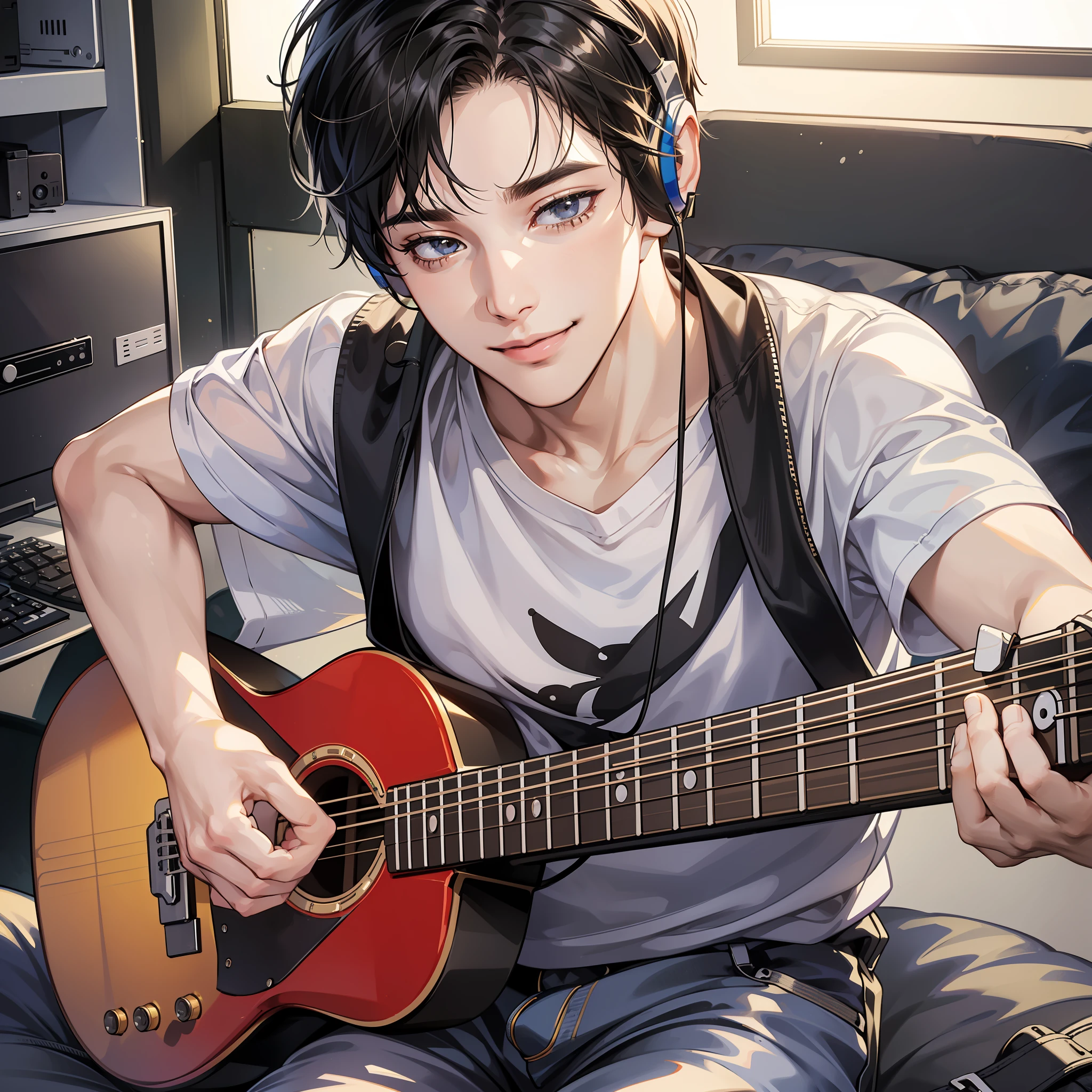 Masterpiece, high quality, best quality, HD, realistic, perfect lighting, detailed face, detailed body, 1 man, short black hair, white t-shirt, (smile emoji: 1.5) (face smile: 1.5), wearing headphones, sitting in front of computer screen, holding guitar, room