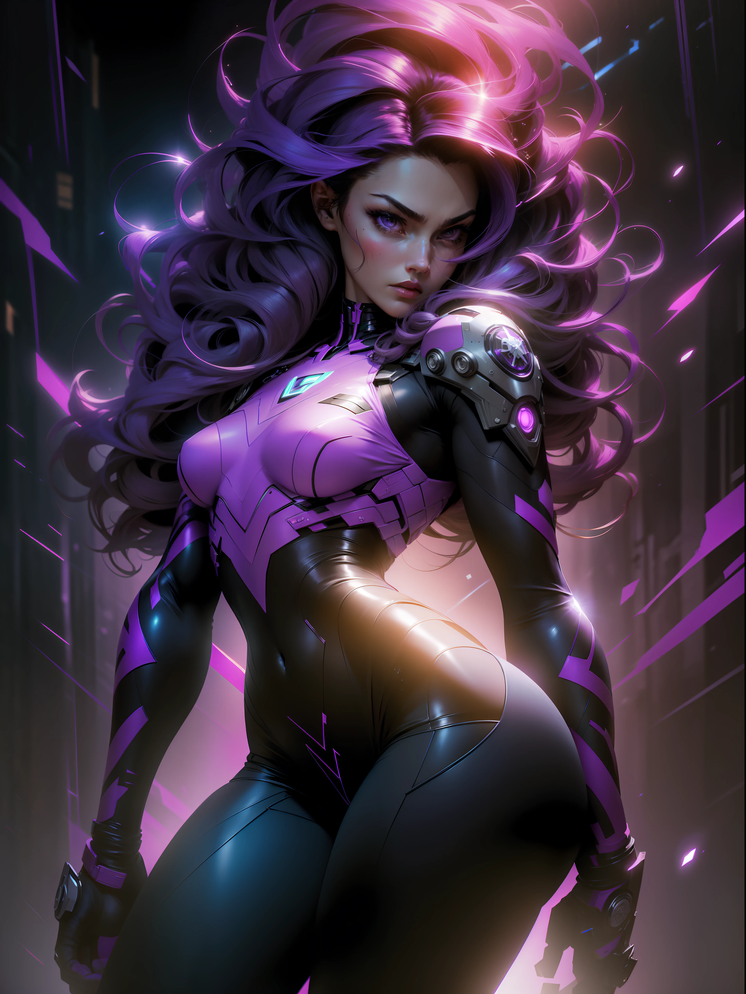 ((Best quality)), ((masterpiece)), (detailed: 1.4), (Absurd), paper, perfect face, Fighter pilot hot Latina woman ready for war, dark skin, lightning and lightning, muscular sculptural body defined, Wolverine mask, (((full body))), half-thick ????? thighs, closed mouth, muscular body covered in purple technological clothing, Neon Genesis Evangelion style, cyberpunk, generous neckline, ((perfect small ???????)), (lilac eyes),  ((totally purple clothing with golden rays)), (((short dark purple straight hair)))), long black eyelashes heavy makeup, garter belt, niji --V5, close to real, psychopath, crazy face, ???? pose, red and white background, 2 pieces clothing, centered, scale to fit dimensions, HDR (High Dynamic Range),Ray Tracing,NVIDIA RTX,Super-Resolution,Unreal 5,Subsurface dispersion,  PBR Texture, Post-processing, Anisotropic filtering, Depth of field, Maximum clarity and sharpness, Multilayer textures, Albedo and specular maps, Surface shading, Accurate simulation of light-material interaction, Perfect proportions, Octane Render, Two-tone lighting, Wide aperture, Low ISO, White balance, Rule of thirds, 8K RAW, crysisnanosuit