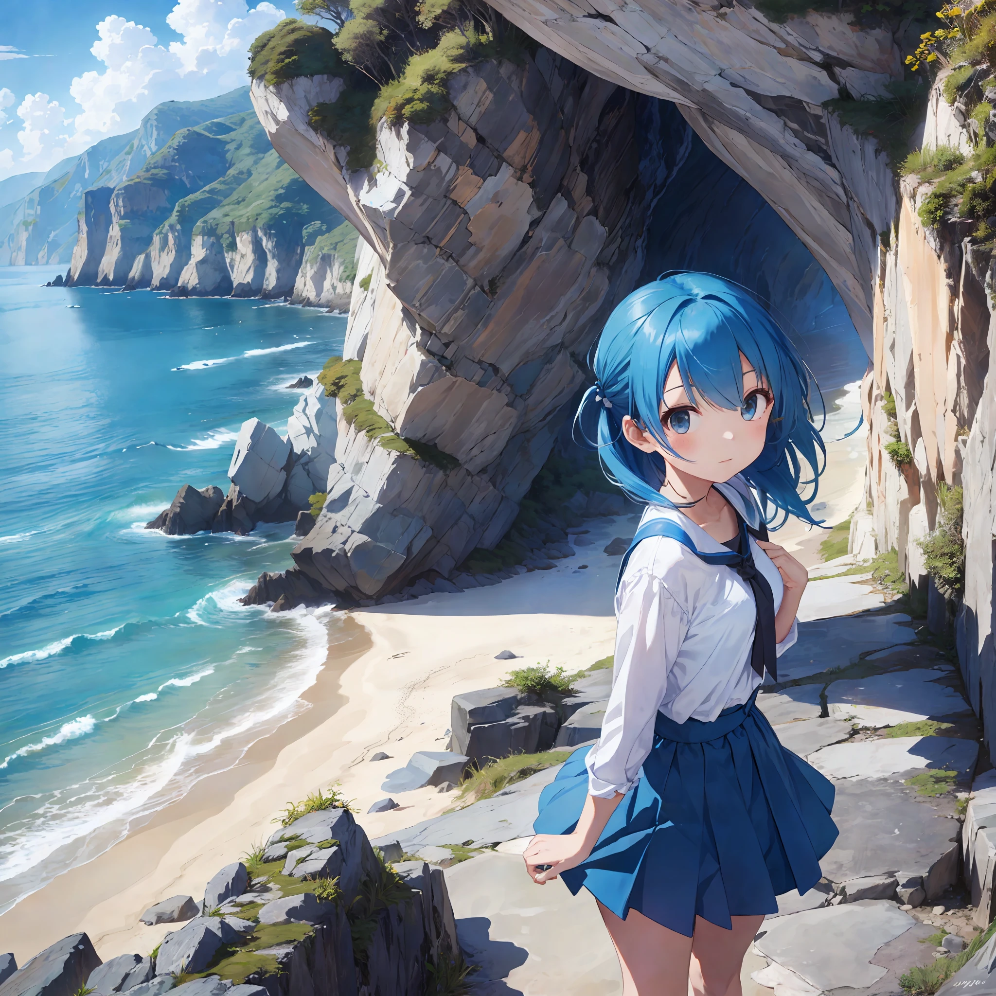Sunny island cliff, sea behind it, beautiful girl with blue hair, fashionable clothes