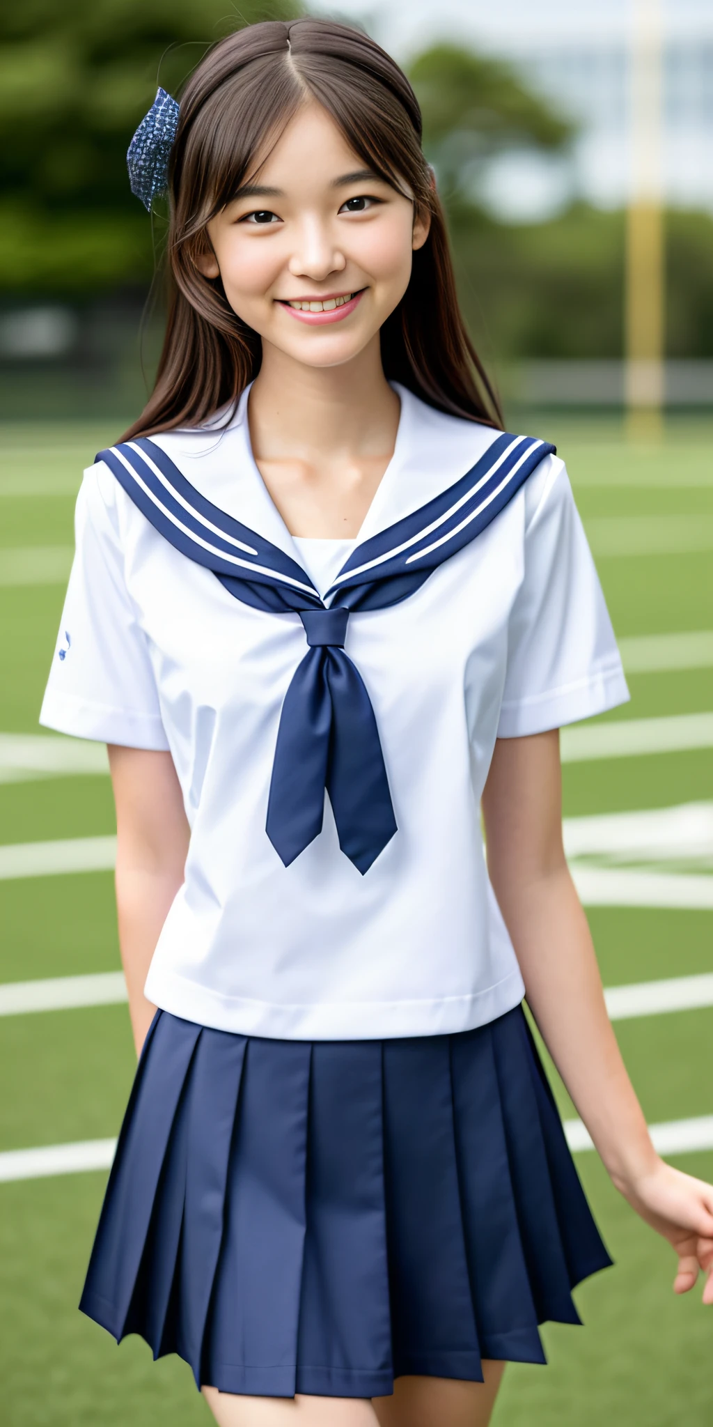 neat college girl, (school uniform, sailor uniform, ribbon tied at chest, summer uniform, upper body white, skirt is navy blue), outside the athletic field, (slim), photorealistic, detail, skin texture, ultra detail, delicate and sexy collarbone, smile, super detailed face, detailed lips, detailed eyes, double eyelids, small breasts, small breasts, small, flat breasts, breast emphasis