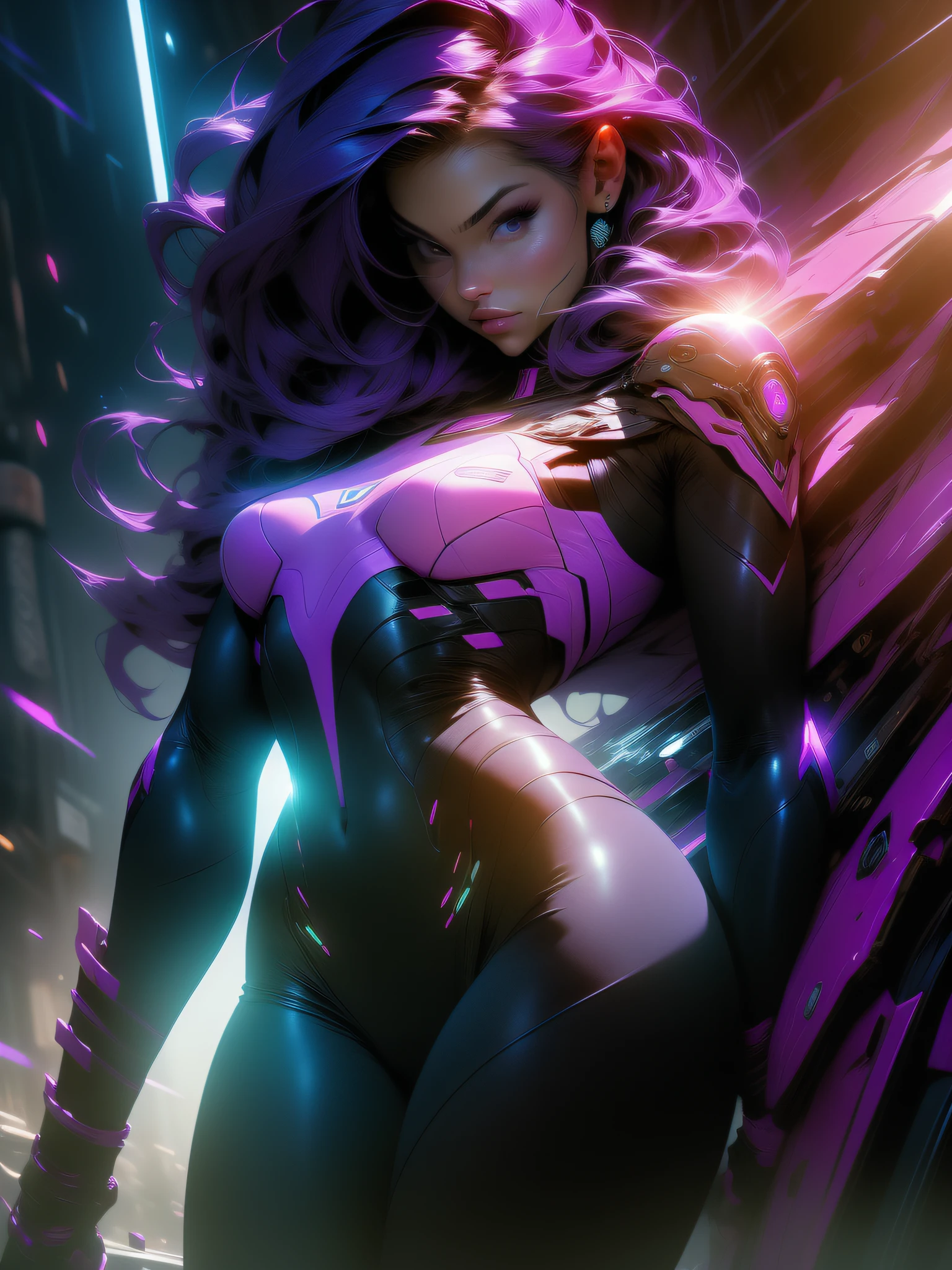 ((Best quality)), ((masterpiece)), (detailed: 1.4), (Absurd), paper, perfect face, Fighter pilot hot Latina woman ready for war, dark skin, lightning and lightning, muscular sculptural body defined, Wolverine mask, (((full body))), half-thick naked thighs, closed mouth, muscular body covered in purple technological clothing, Neon Genesis Evangelion style, cyberpunk, generous neckline, ((perfect small breasts)), (lilac eyes), ((totally purple clothing with golden rays)), (((short dark purple straight hair)))), long black eyelashes heavy makeup, garter belt, niji --V5, close to real, psychopath, crazy face, sexy pose, red and white background, 2 pieces clothing, centered, scale to fit dimensions, HDR (High Dynamic Range),Ray Tracing,NVIDIA RTX,Super-Resolution,Unreal 5,Subsurface dispersion, PBR Texture, Post-processing, Anisotropic filtering, Depth of field, Maximum clarity and sharpness, Multilayer textures, Albedo and specular maps, Surface shading, Accurate simulation of light-material interaction, Perfect proportions, Octane Render, Two-tone lighting, Wide aperture, Low ISO, White balance, Rule of thirds, 8K RAW, crysisnanosuit