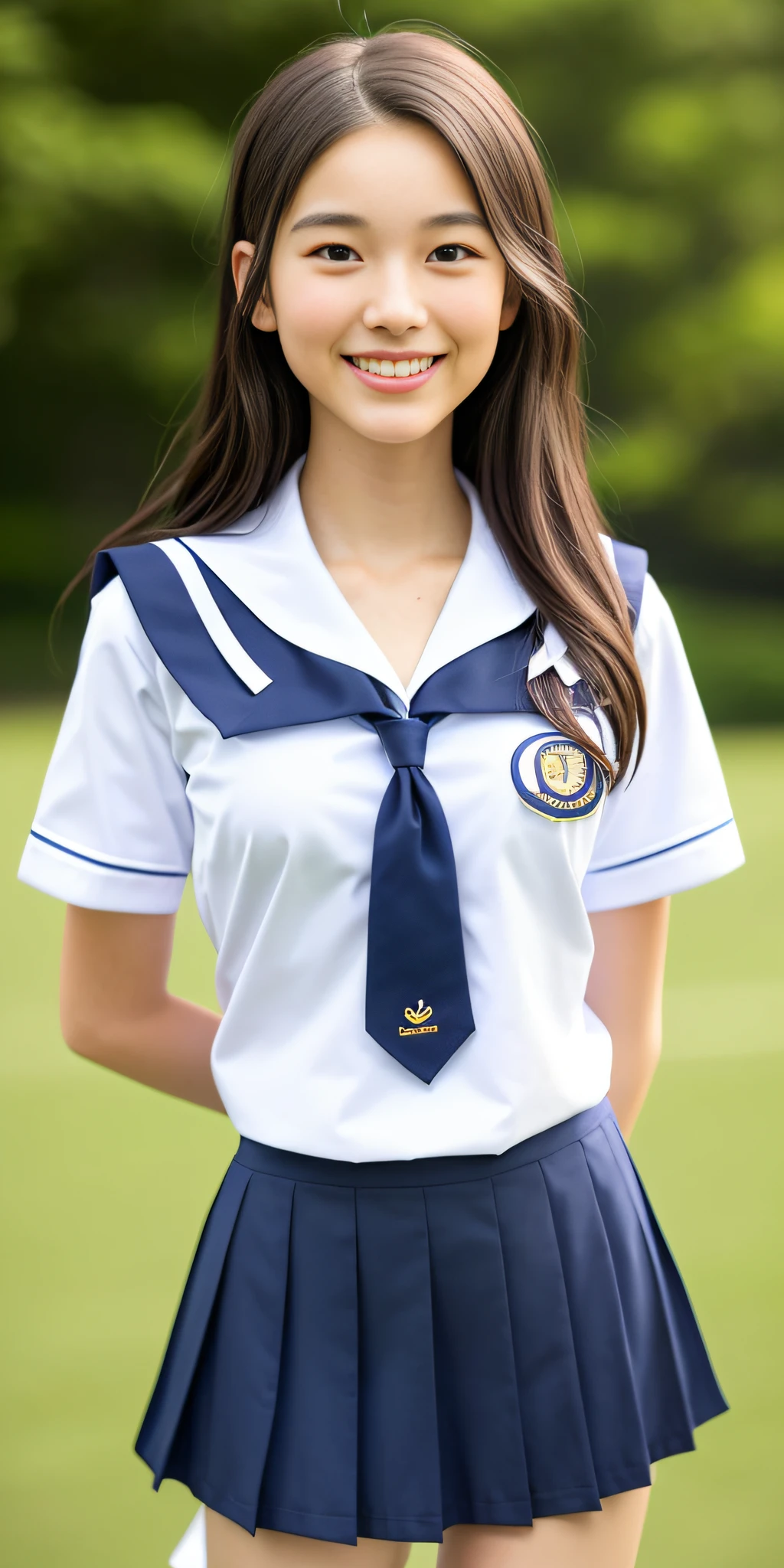 neat college girl, (school uniform, sailor uniform, ribbon tied at chest, summer uniform, upper body white, skirt is navy blue), outside the athletic field, (slim), photorealistic, detail, skin texture, ultra detail, delicate and sexy collarbone, smile, super detailed face, detailed lips, detailed eyes, double eyelids, small breasts, small breasts, small, flat breasts, breast emphasis