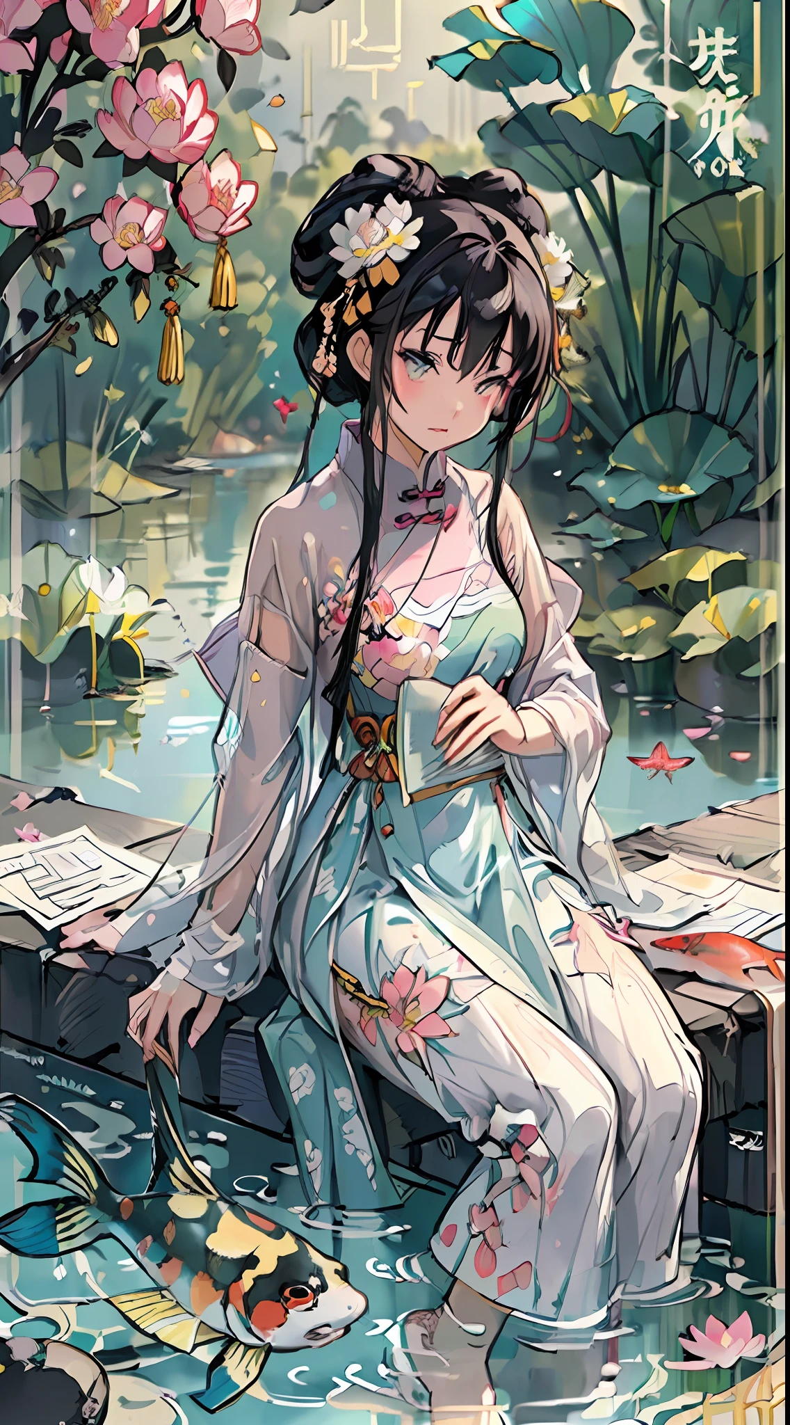 (Art: Yaguru Magiku, (001Glitch-core, Dreamcore), 8sconception, Alberto-Mielgo, anime-background-style-v2, Super Quality, Vaporwave, Synth Wave, Weirdcore, dreamy, full body, (Core background: 1.25), Water ring, Visual effects: Cinematic lighting, [[red, blue, green, yellow, black, white, pink, purple, denim shot, ((color)), ink painting, delicate and beautiful girl, ((illustration)), ((floating hair)), ((chromatic aberration)]] (sitting in pool with lotus: 1.1), (barefoot: 1.0), (Chinese garden: 1.0), wet (((paper cutting art)), Chinese, red and white, paper cutting, calligraphy, man and wife, (flowers, insects and fish),
