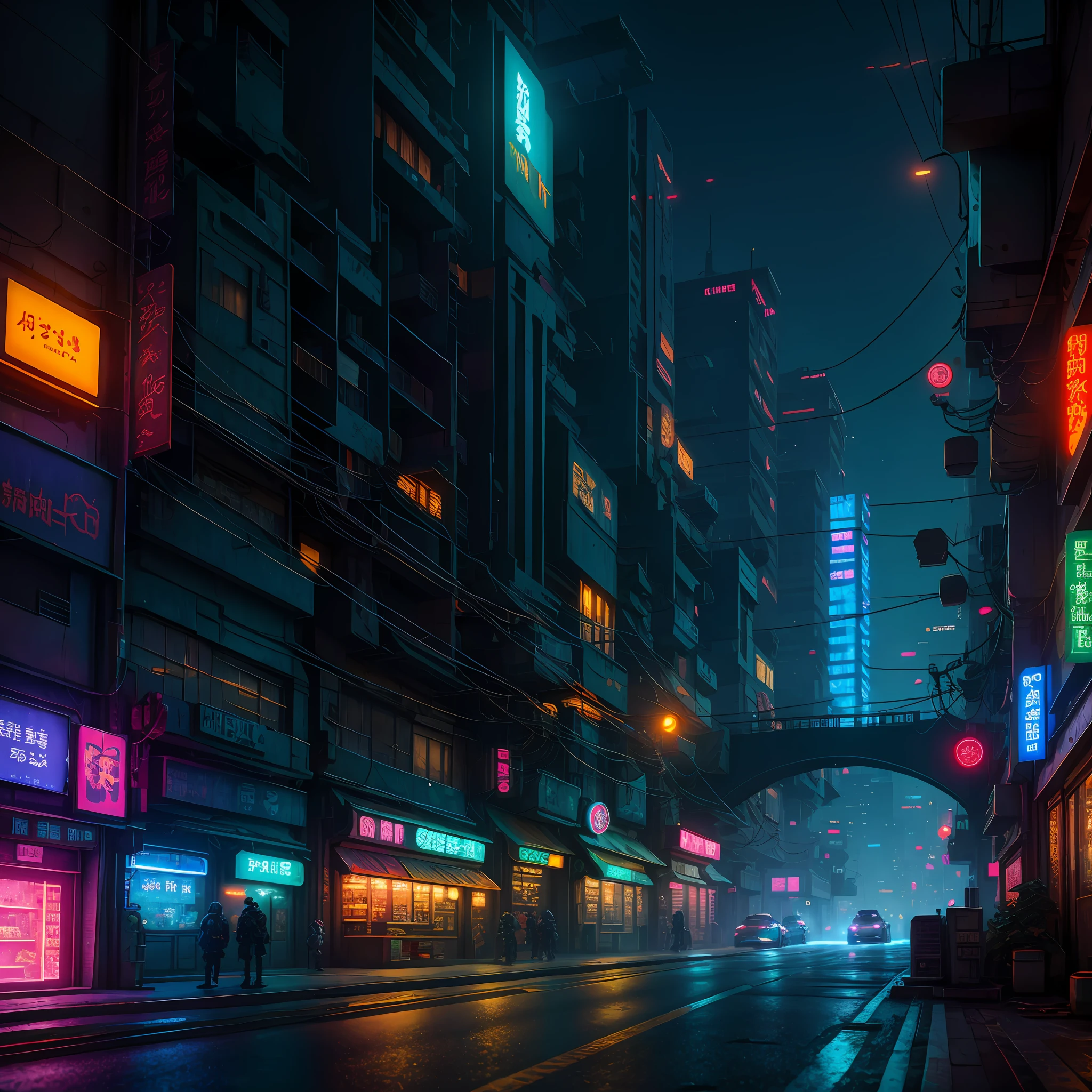 Cyberpunk city from sci-fi movie, empty street, night, chinoiserie buildings, bridge, old shop, irregular, circuit boards, wires, intricate, super detailed, realistic, hyper realistic, high quality, best, super detail , crazy detail, very detailed, photorealistic, epic composition, best quality, 32k --v 6