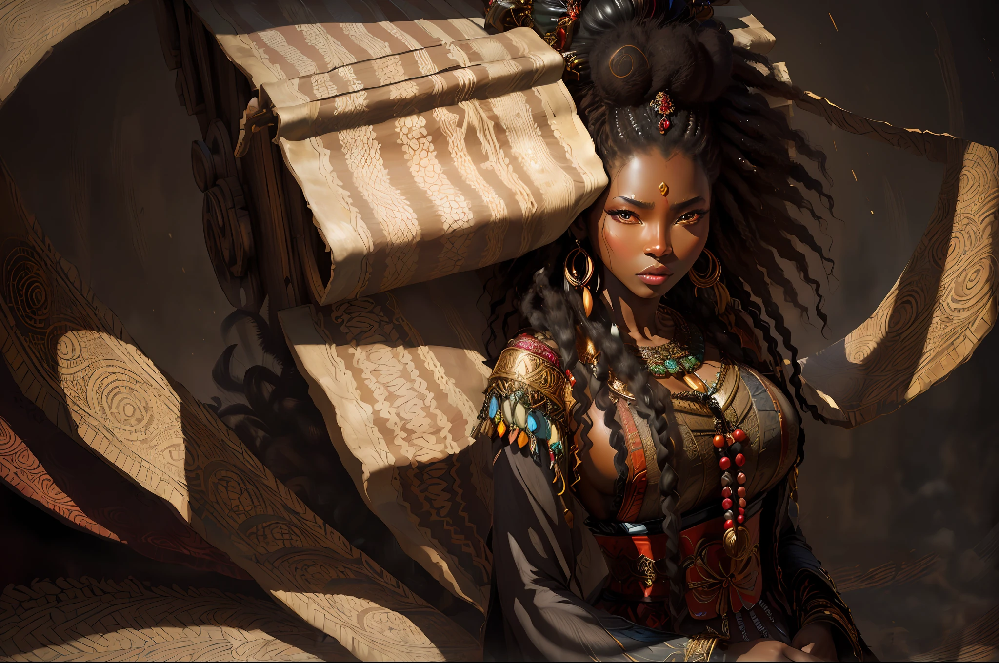 ((best quality)), ((masterpiece)), ((realistic)), (detailed), ((african goddess woman)), dark skin, (realy luxuriant afro-textured hair rainbowned), gorgeous, sexy, curvy, busty, (geisha eyes), ((heterochromia eyes))