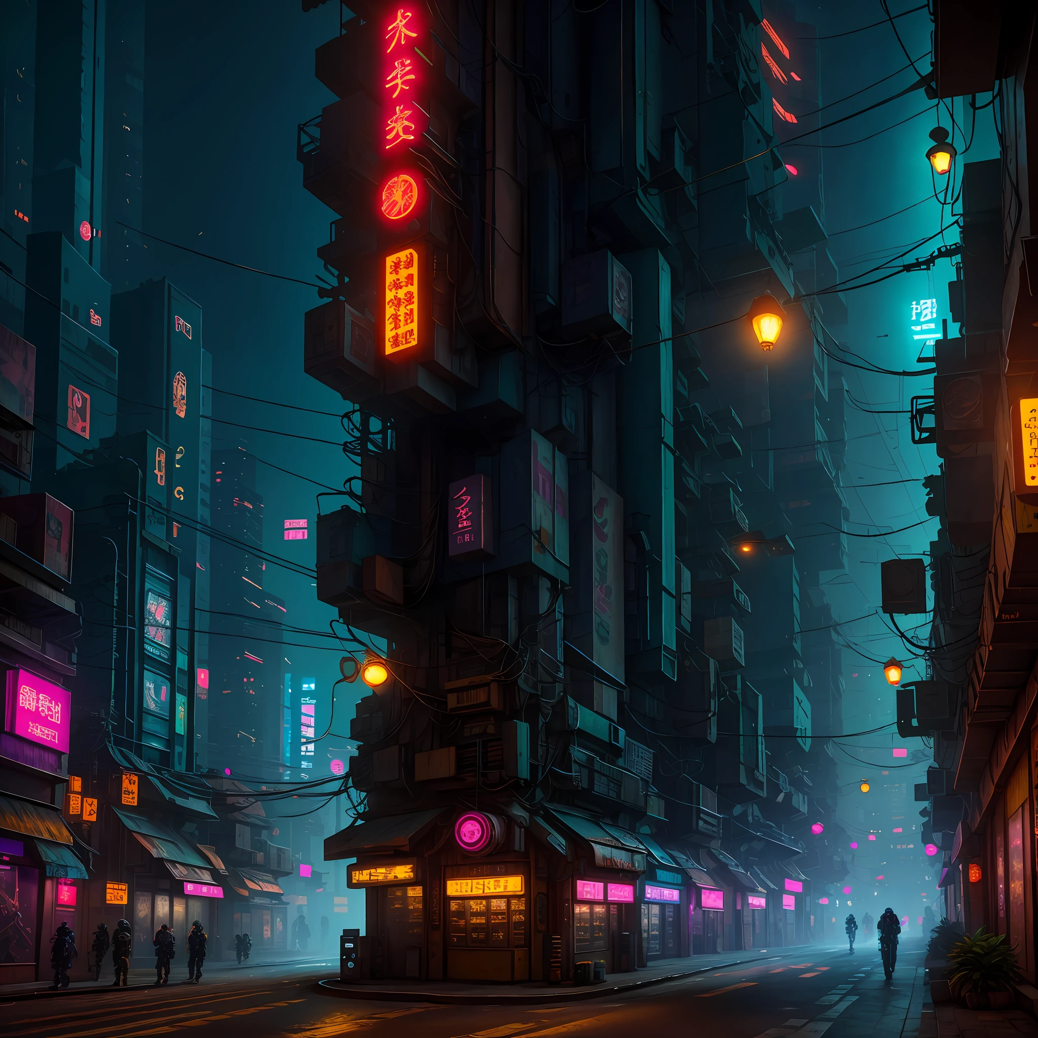 Cyberpunk city from sci-fi movie, empty street, night, chinoiserie buildings, bridge, old shop, irregular, circuit boards, wires, intricate, super detailed, realistic, hyper realistic, high quality, best, super detail , crazy detail, very detailed, photorealistic, epic composition, best quality, 32k --v 6