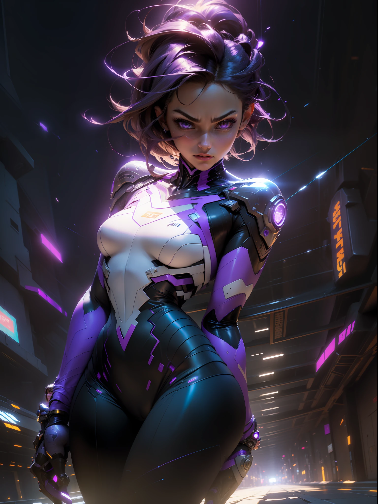 ((Best quality)), ((masterpiece)), (detailed: 1.4), (Absurd), perfect face, Hot Latin woman fighter pilot ready for war, dark skin, lightning and lightning, muscular sculptural body defined, Wolverine mask, ((((full body))), half-thick bare thighs, closed mouth, muscular body covered in purple technological clothing, Neon Genesis Evangelion style, cyberpunk, generous neckline, ((perfect small breasts)), (lilac eyes), ((totally purple clothing with golden rays)), (((short dark purple straight hair)))), long black eyelashes heavy makeup, garter belt, niji --V5, close to real, psychopath, crazy face, sexy pose, red and white background, 2 pieces clothing, centered, scale to fit dimensions, HDR (High Dynamic Range),Ray Tracing,NVIDIA RTX,Super-Resolution,Unreal 5,Subsurface dispersion, PBR Texture, Post-processing, Anisotropic filtering, Depth of field, Maximum clarity and sharpness, Multilayer textures, Albedo and specular maps, Surface shading, Accurate simulation of light-material interaction, Perfect proportions, Octane Render, Two-tone lighting, Wide aperture, Low ISO, White balance, Rule of thirds, 8K RAW, crysisnanosuit