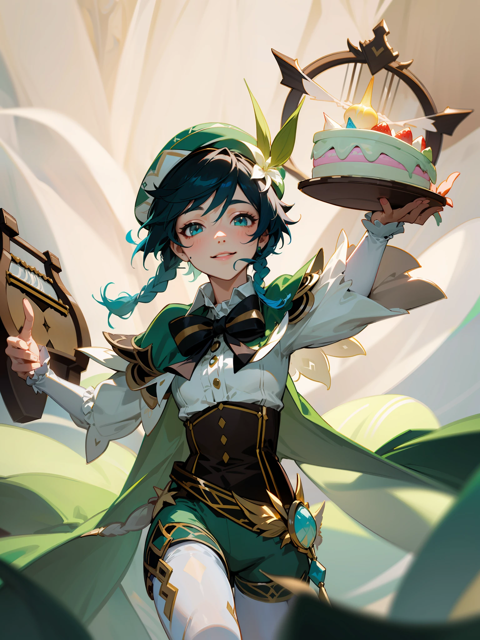Best quality, masterpiece, ultra high res, (photorealistic:1.4), raw photo, 1girl, glowing skin, light smile,venti (genshin impact), lyre, black hair, hat, smile, braid, long sleeves, twin braids, gradient hair, multicolored hair, pantyhose, vision (genshin impact), shorts, blue hair, green headwear, beret, white pantyhose, green shorts, collared cape, bangs,shirt, jewelry, white shirt, brooch, cape, androgynous, frilled sleeves, frills, corset, short hair with long locks, holding a birthday cake, birthday, birthday cake
