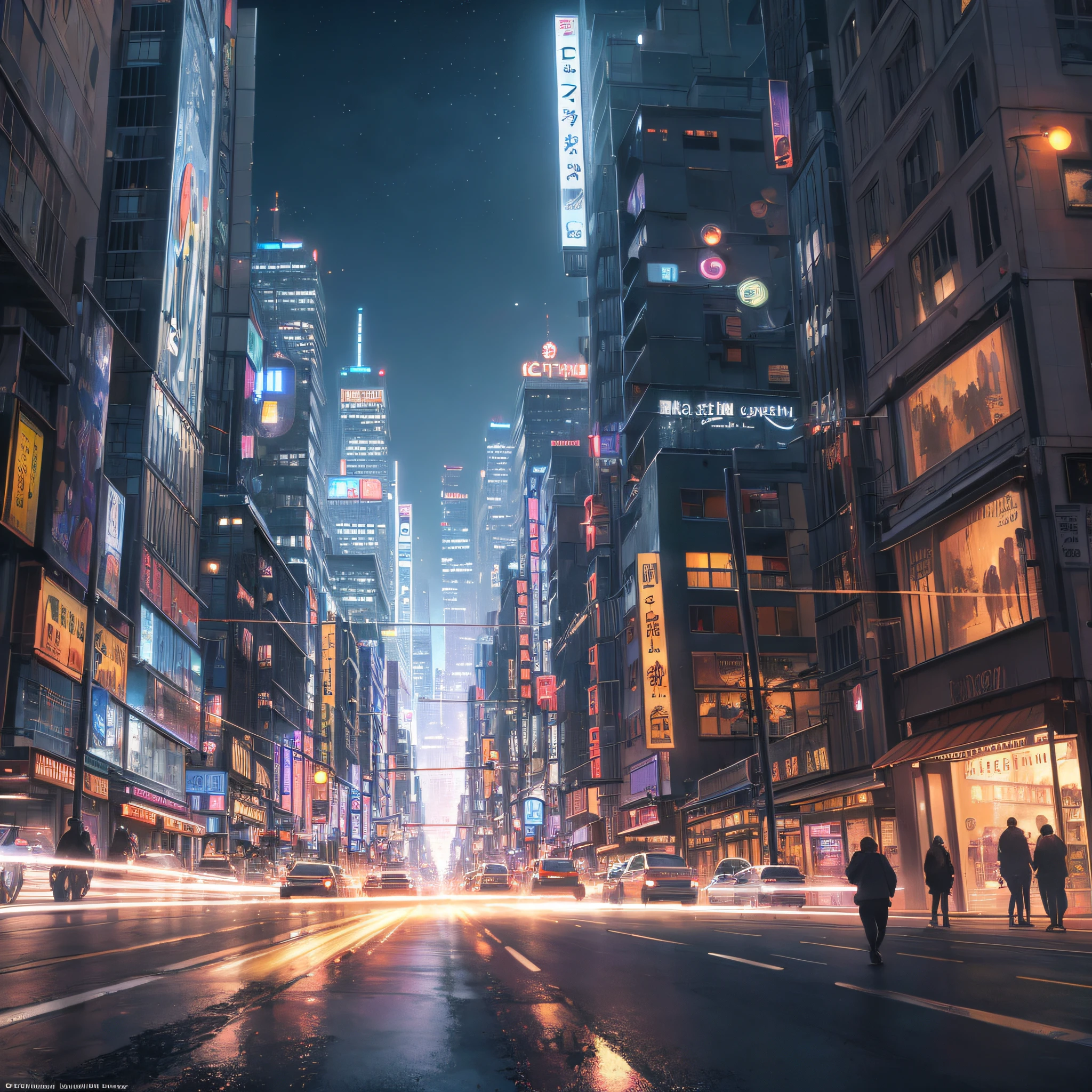 City night view (bustling city at night in the background) (great works: 1.3), (best quality: 1.1) (masterpieces: 1.3) with unparalleled masterpieces, surreal 8K, perfect artwork, super details, best quality, masterpieces 4K wallpaper aesthetics, masterpieces, award-winning artwork, official art, cinematic lighting