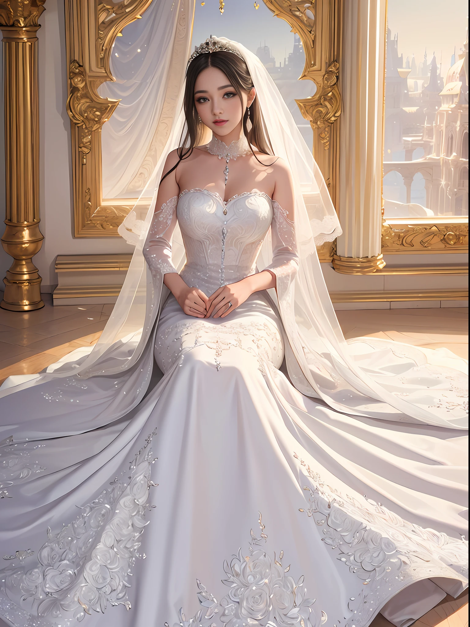 A woman in a wedding dress sitting on a floor - SeaArt AI