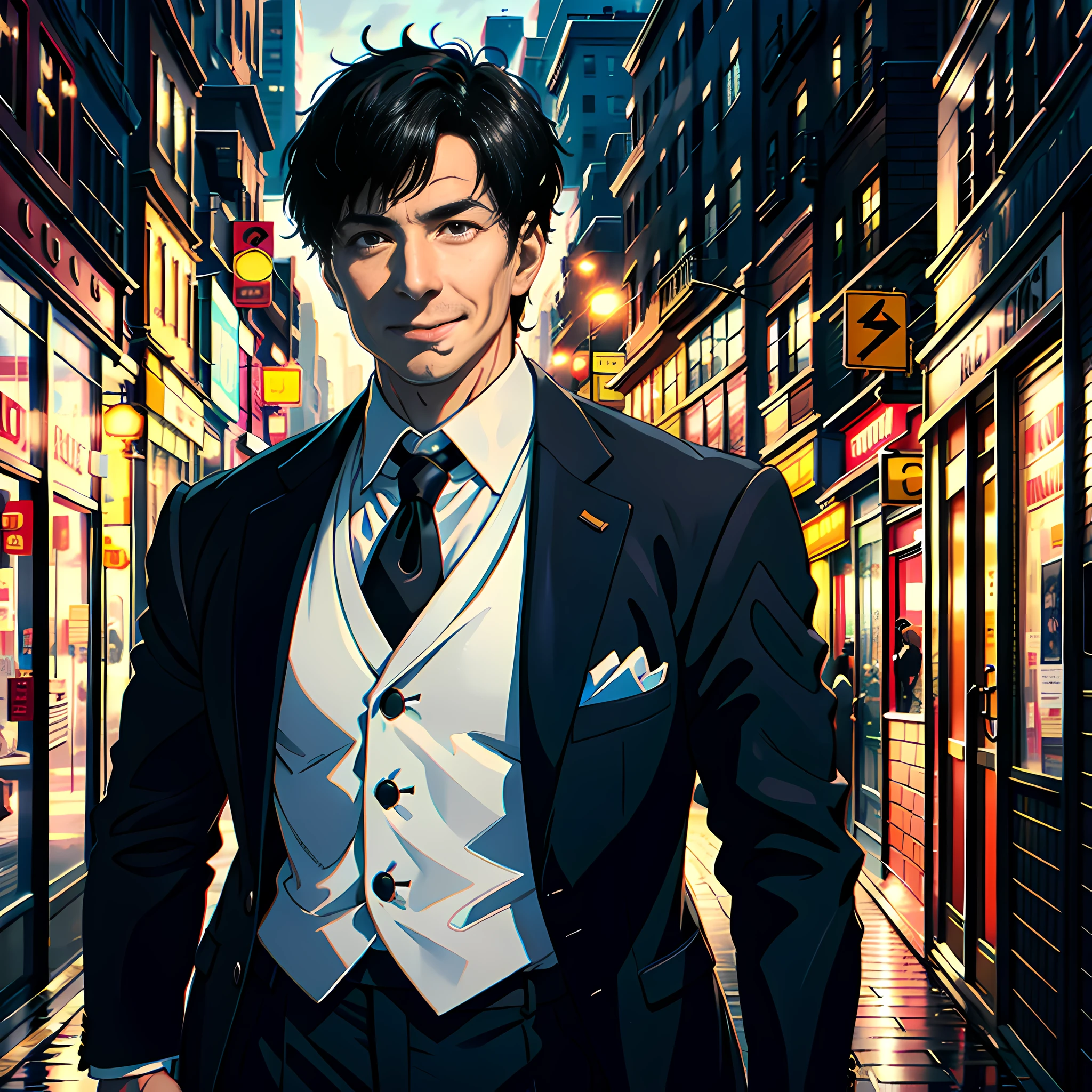 On the street, a middle-aged man with a face super detailed, wearing a suit, short black hair, black eyes, smiling, super high detail, highly detailed, highly real, 4K, chiaroscuro, super detail