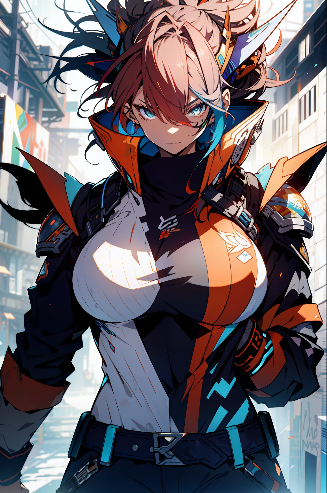 background, language_text, Japanese letters in graffit ,girls, long red hair, excellent lighting, sidelighting, (), vhsKeeper,, style GUILTY GEAR -STRIVE perfect ultimate (flat color: 1.3), (magazine_cover: 1.4), (multicolored_background: 1.3), striped_background, card_background, :: comix style by joe madureira :: circular pieces of white metals glued to the ultra detailed arms coming out sparkling shine, , perfect and detailed, ultra detailed shirt with abstract design  and with Japanese graffit print of the sides of the outfit, image of girls with big breast, on top of a futuristic motorcycle, with immersive effects, hover effect, background graffiti style tribal tattoo with vibrant colors "HDR ultra" detailed and with focus effect, (masterpiece: 1.2, best quality), (beautiful eyes with huge eyelashes finely detailed:  1.2), , ((Solo)), (Finely detailed eyes and detailed face :1.3), in various full-body attack poses, (cute background: 1.2),futuristic costume, Super detailed circular metals Clinging to arms and pants, fantastic paintings
