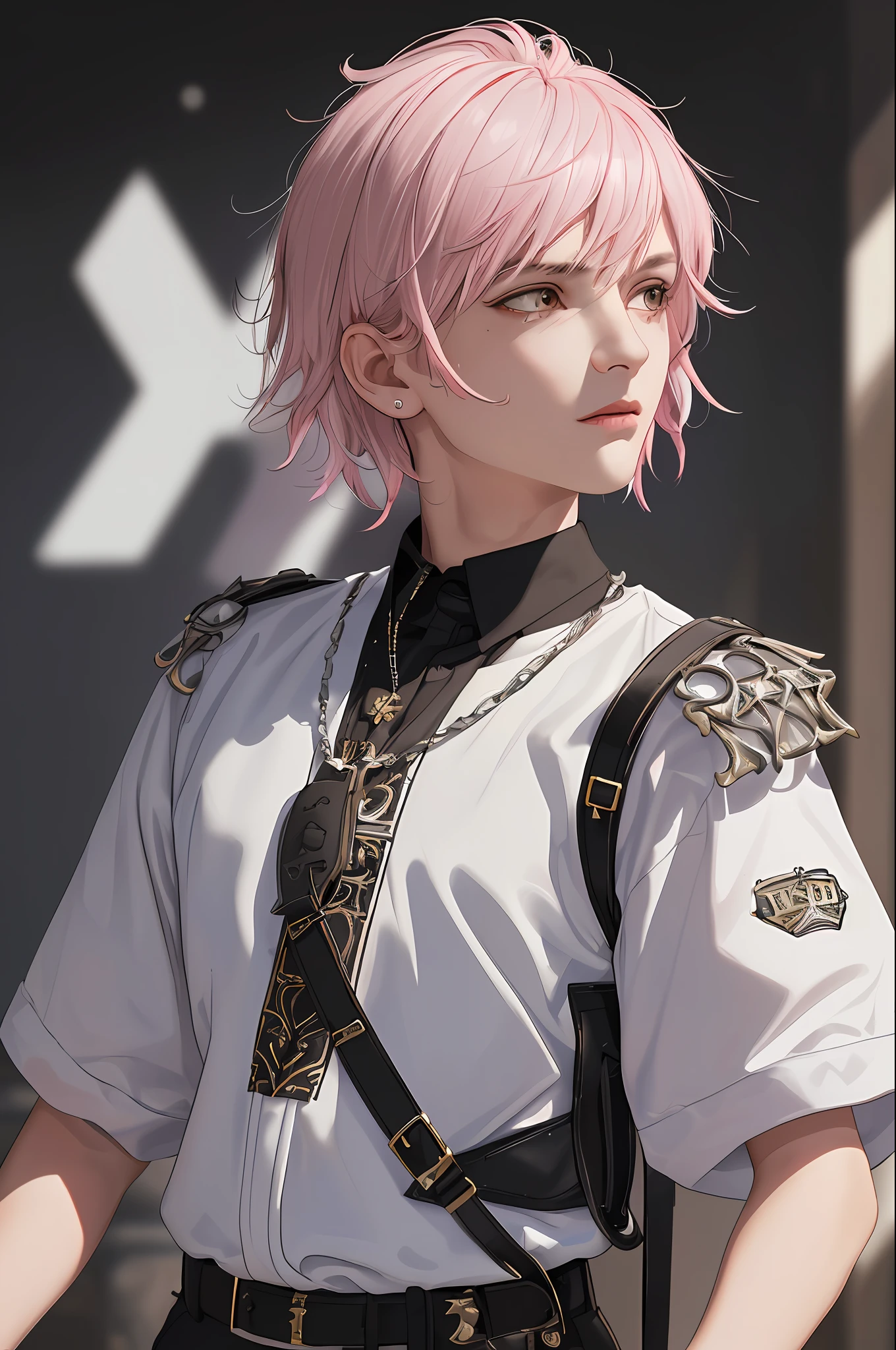 (masterpiece, top quality, ultra detail, high definition), boy one, male focus, solo, mature skin, (((slightly white skin)), ((two-tone black and pink hair)), young, youth face, wrinkled clothes, (((23 years old)), (brown eyes)), white long sleeves, black short sleeve T-shirt, silver necklace, permed hair, short hair, depth of field, highly detailed background, extreme light and shadow, (eye details) , (skin details), glossy skin, (dog), (alphabetic), (fabric details), (beautiful) beautiful detailed eyes, field background, (emopunk style), lens flare, summer: 1.2, pre-lighting, perfect anatomy, upper body, dynamic angle, gonzo