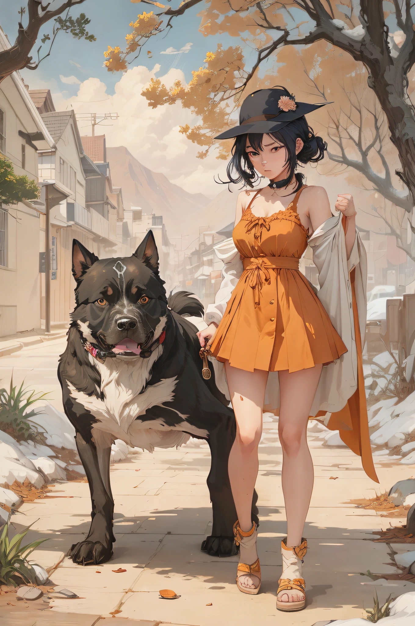 there is a woman and a dog standing in the street, artwork in the style of guweiz, guweiz, trending on artstation pixiv, by Yang J, guweiz on artstation pixiv, guweiz on pixiv artstation, by Kamagurka, anime style illustration, clean detailed anime art