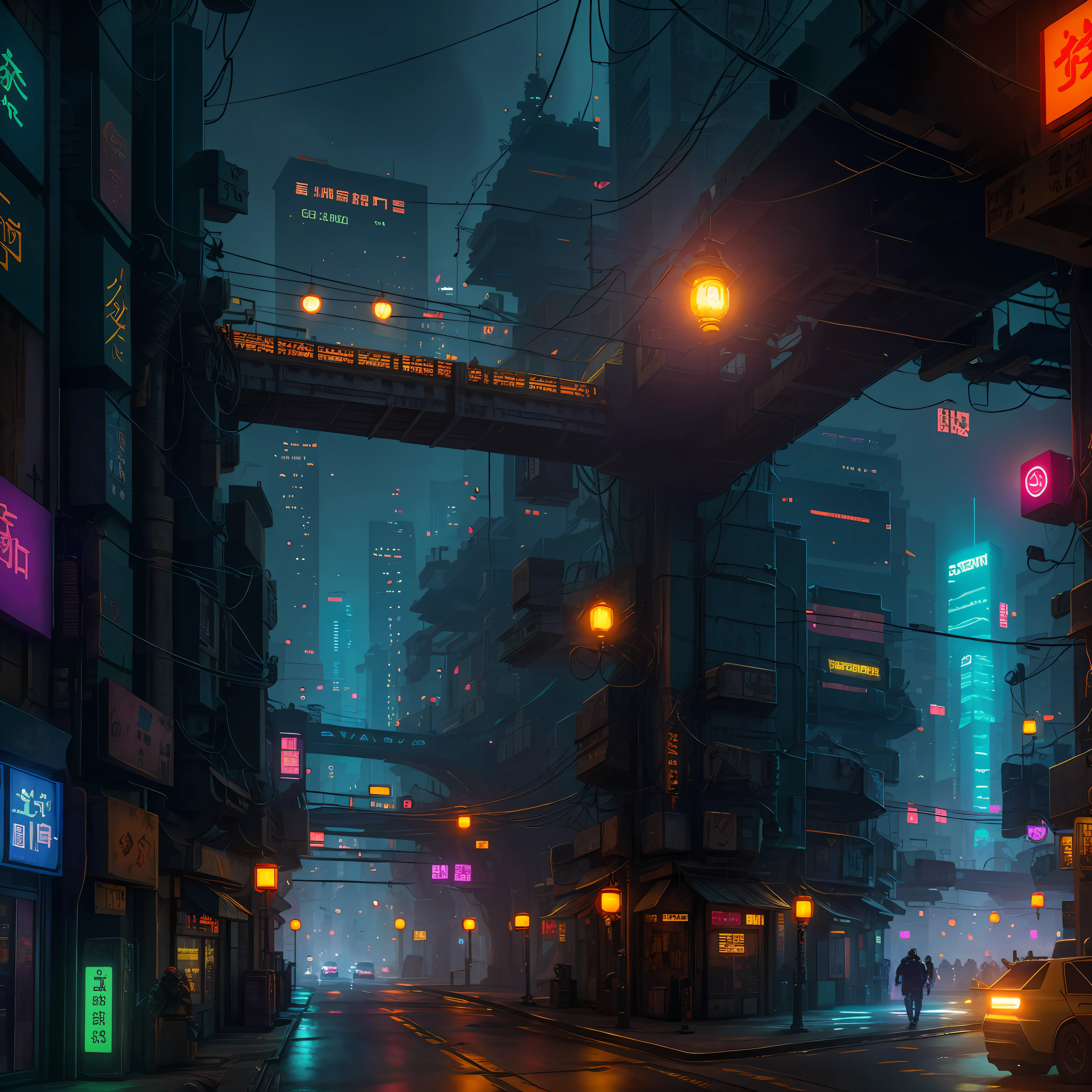 Cyberpunk city from sci-fi movie, empty street, night, chinoiserie buildings, bridge, old shop, irregular, circuit boards, wires, intricate, super detailed, realistic, hyper realistic, high quality, best, super detail , crazy detail, very detailed, photorealistic, epic composition, best quality, 32k --v 6