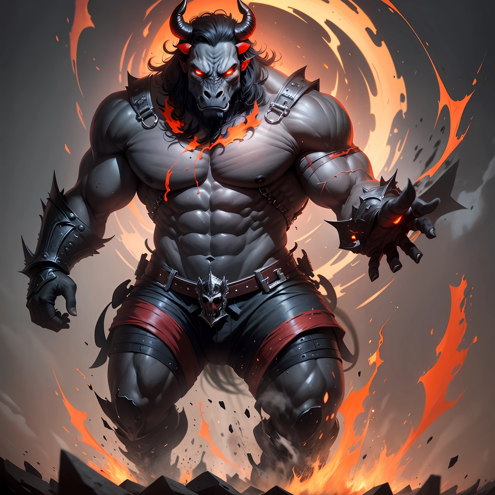 A bull-headed demon with the body of a horse, strong and menacing, with skulls around him, dark place with blood, and red sky --auto --s2