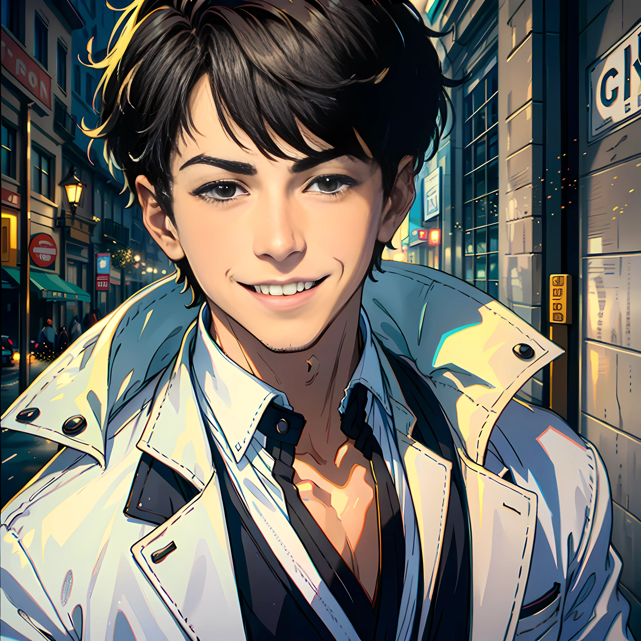 On the street, a handsome boy with a smile, white sports coat, short black hair, super high detail, high real, 4K, chiaroscuro, super detail