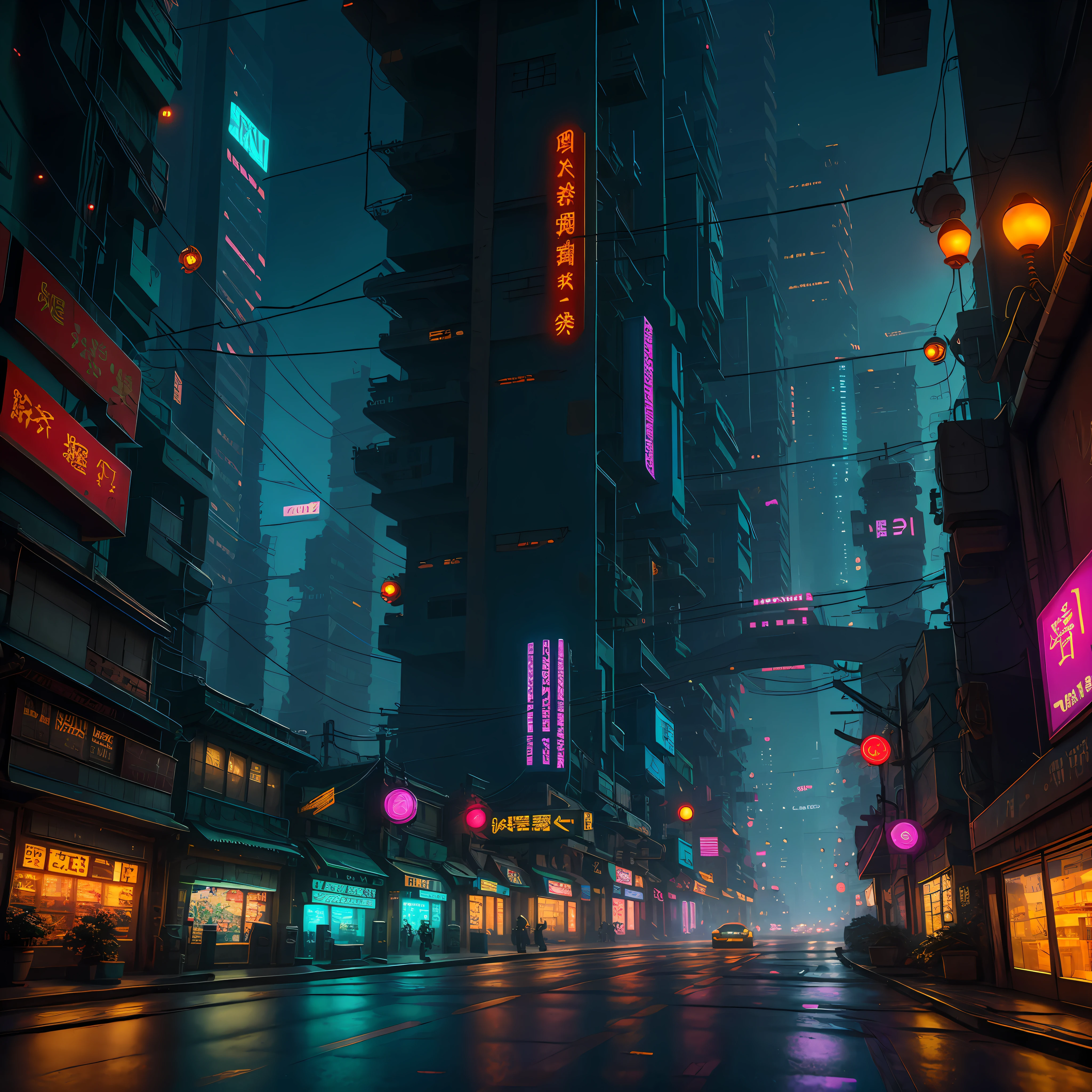 Cyberpunk city from sci-fi movie, empty street, night, chinoiserie buildings, bridge, old shop, irregular, circuit boards, wires, intricate, super detailed, realistic, hyper realistic, high quality, best, super detail , crazy detail, very detailed, photorealistic, epic composition, best quality, 32k --v 6